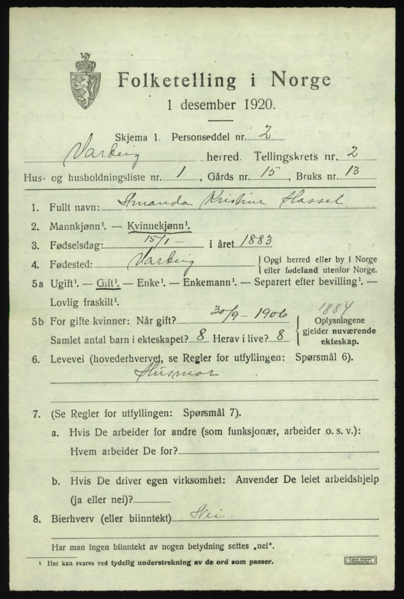 SAO, 1920 census for Varteig, 1920, p. 1135