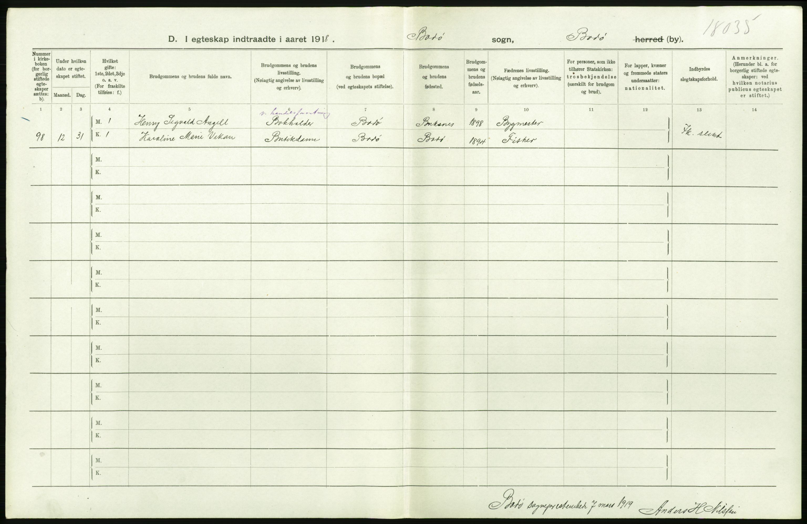 Statistisk sentralbyrå, Sosiodemografiske emner, Befolkning, AV/RA-S-2228/D/Df/Dfb/Dfbh/L0054: Nordland fylke: Gifte, dødfødte. Bygder og byer., 1918, p. 354