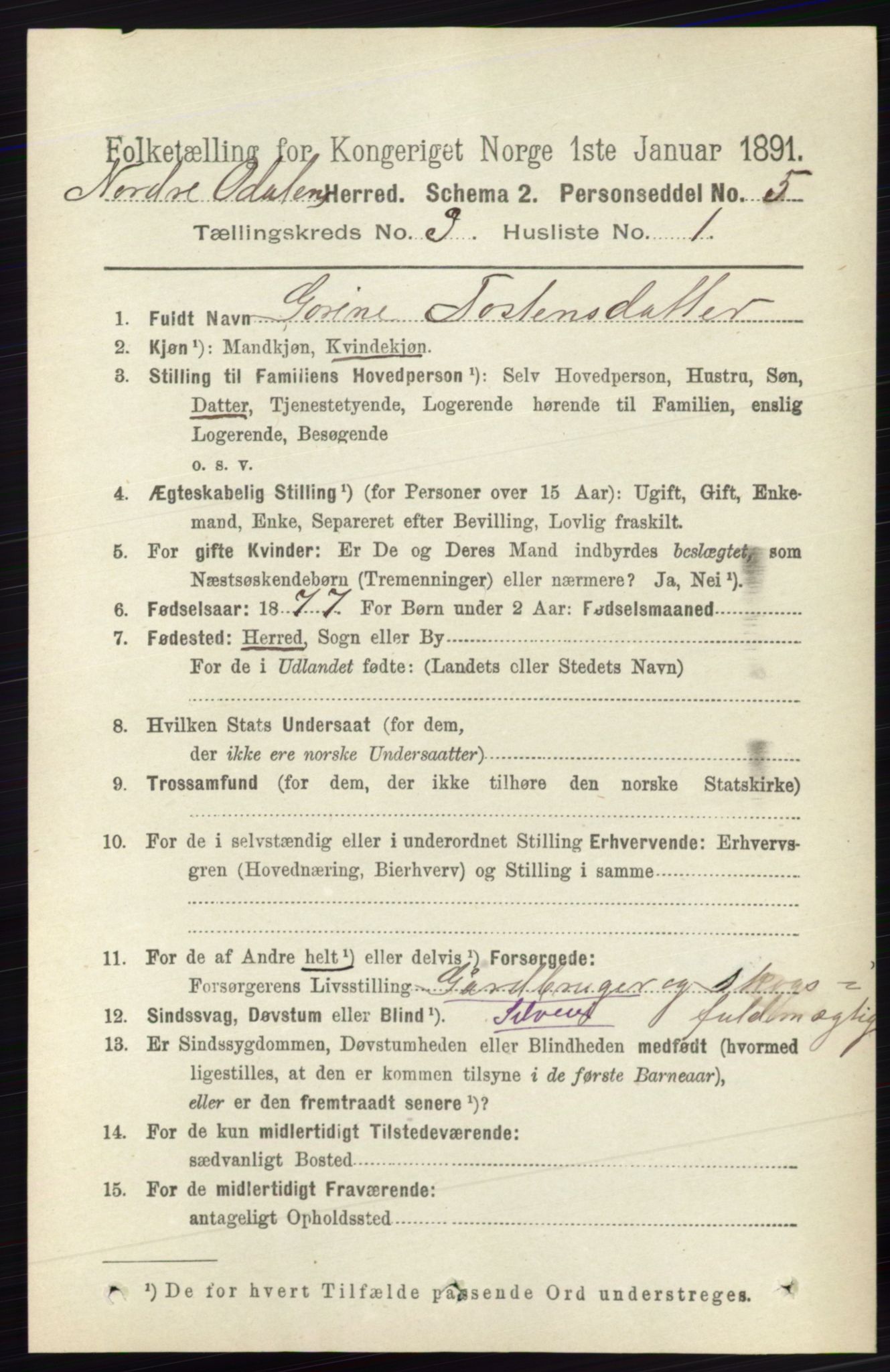 RA, 1891 census for 0418 Nord-Odal, 1891, p. 823