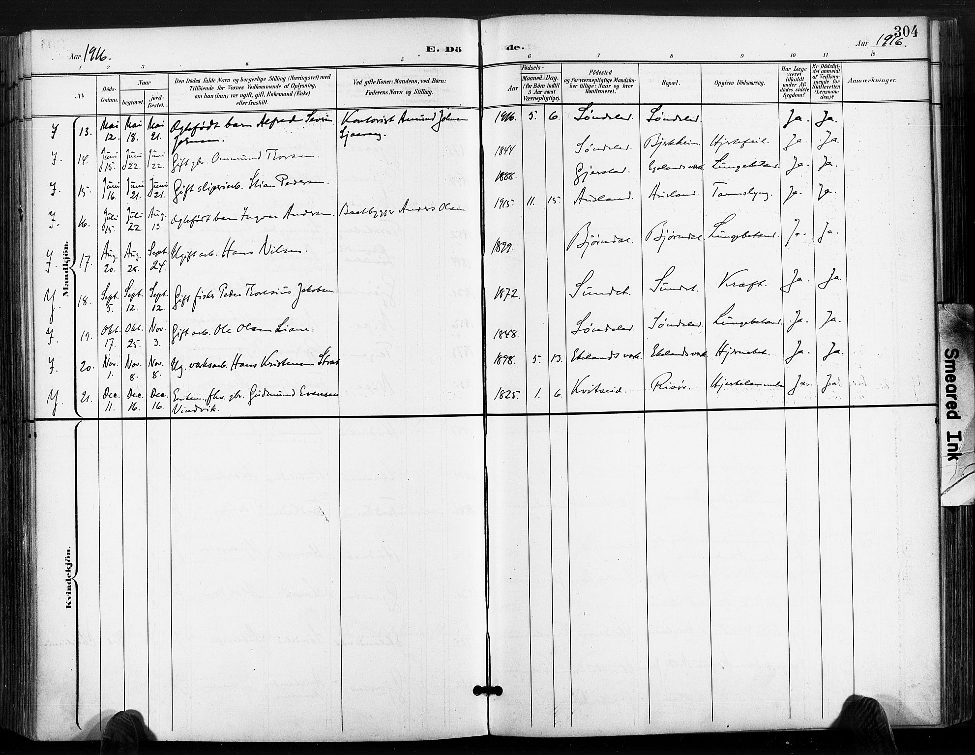 Søndeled sokneprestkontor, AV/SAK-1111-0038/F/Fa/L0006: Parish register (official) no. A 6, 1900-1922, p. 304