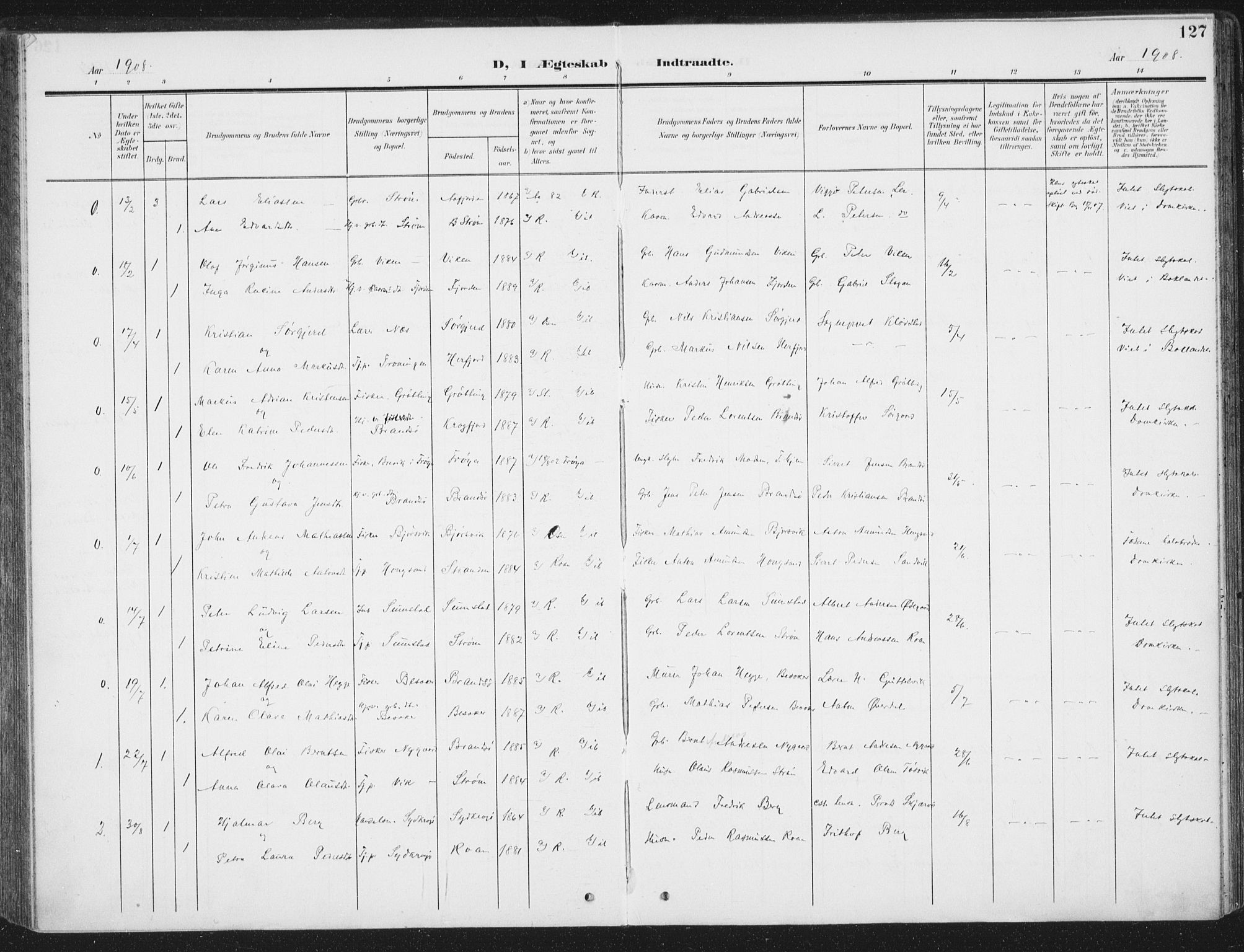 Ministerialprotokoller, klokkerbøker og fødselsregistre - Sør-Trøndelag, AV/SAT-A-1456/657/L0709: Parish register (official) no. 657A10, 1905-1919, p. 127