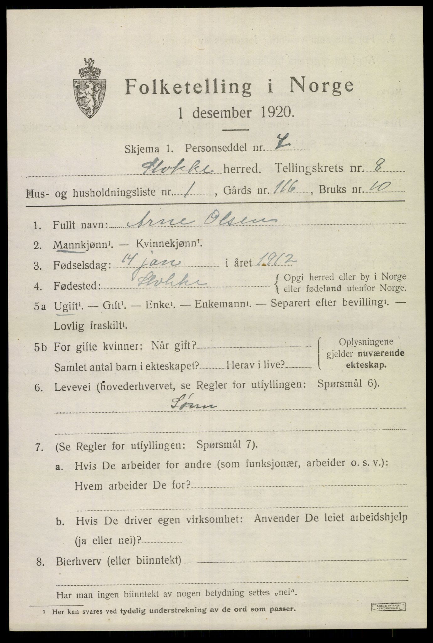 SAKO, 1920 census for Stokke, 1920, p. 9304