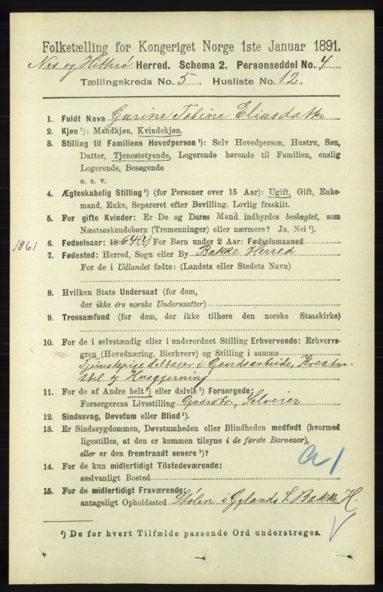 RA, 1891 census for 1043 Hidra og Nes, 1891, p. 1903