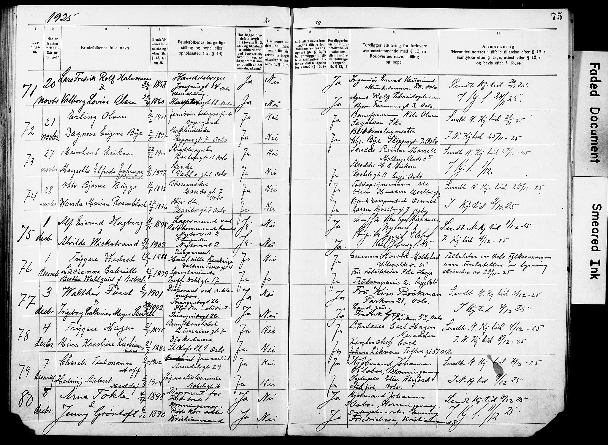 Oslo domkirke Kirkebøker, AV/SAO-A-10752/H/Ha/L0006: Banns register no. 6, 1919-1928, p. 75