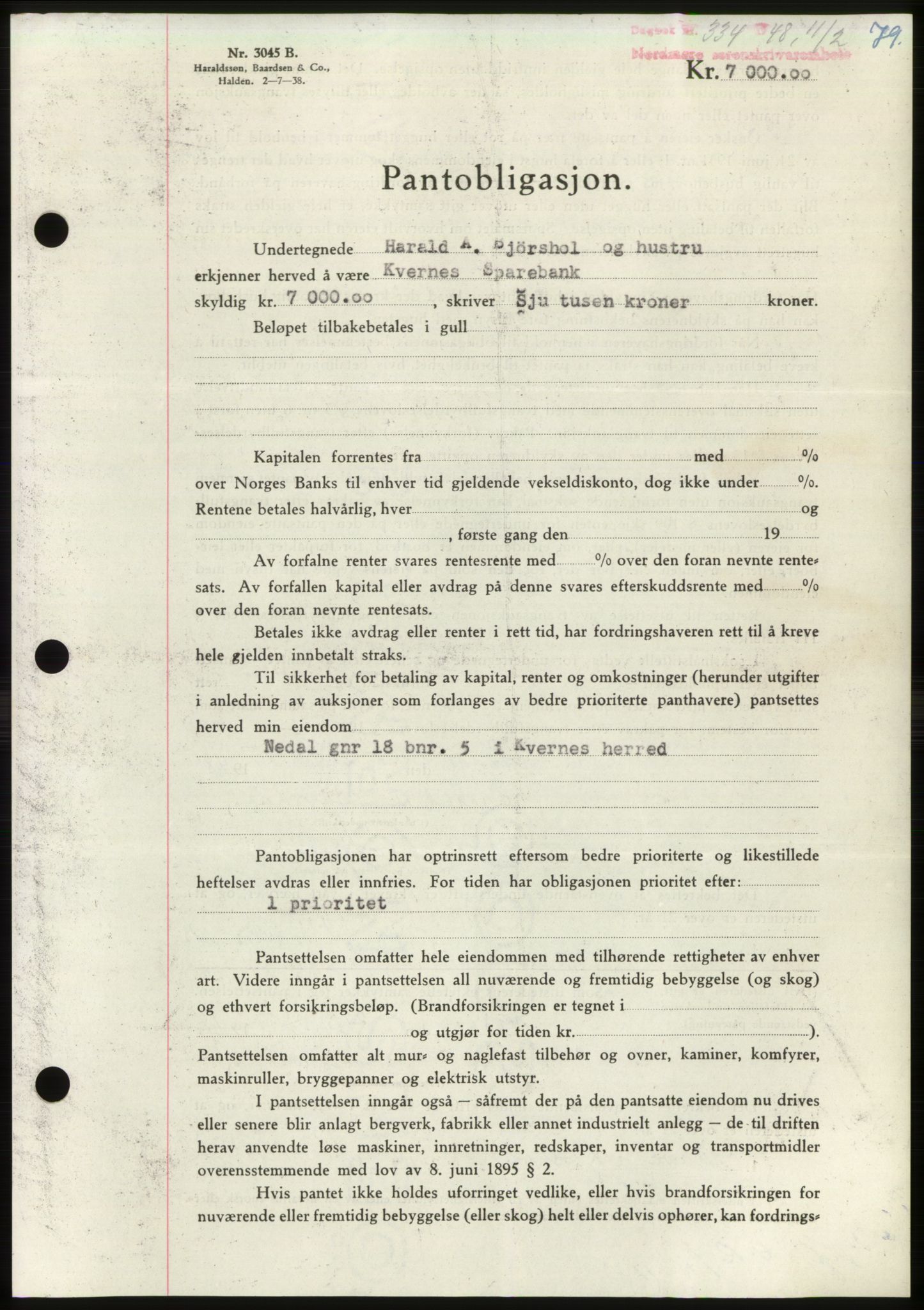 Nordmøre sorenskriveri, AV/SAT-A-4132/1/2/2Ca: Mortgage book no. B98, 1948-1948, Diary no: : 334/1948