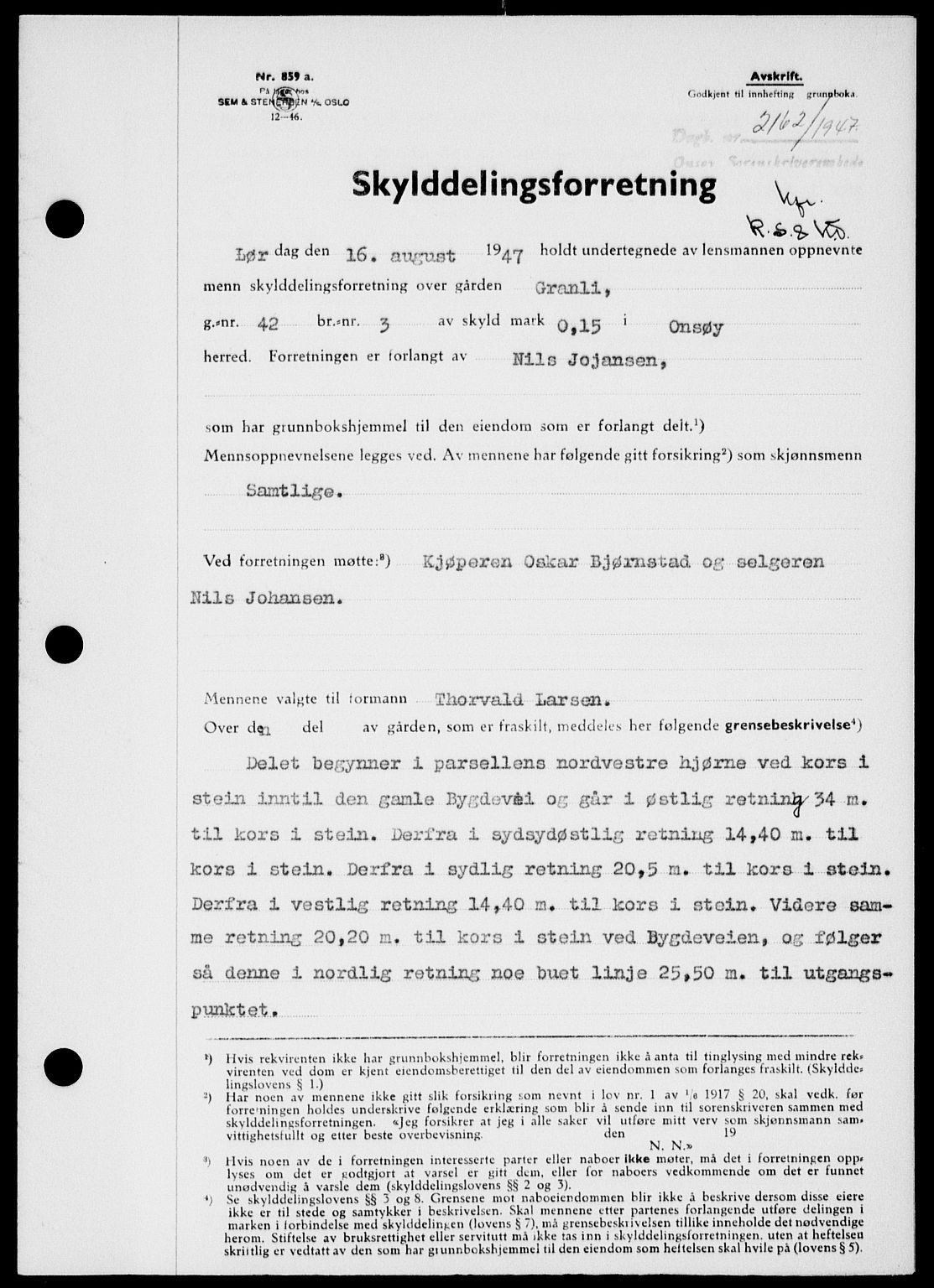 Onsøy sorenskriveri, SAO/A-10474/G/Ga/Gab/L0021: Mortgage book no. II A-21, 1947-1947, Diary no: : 2162/1947