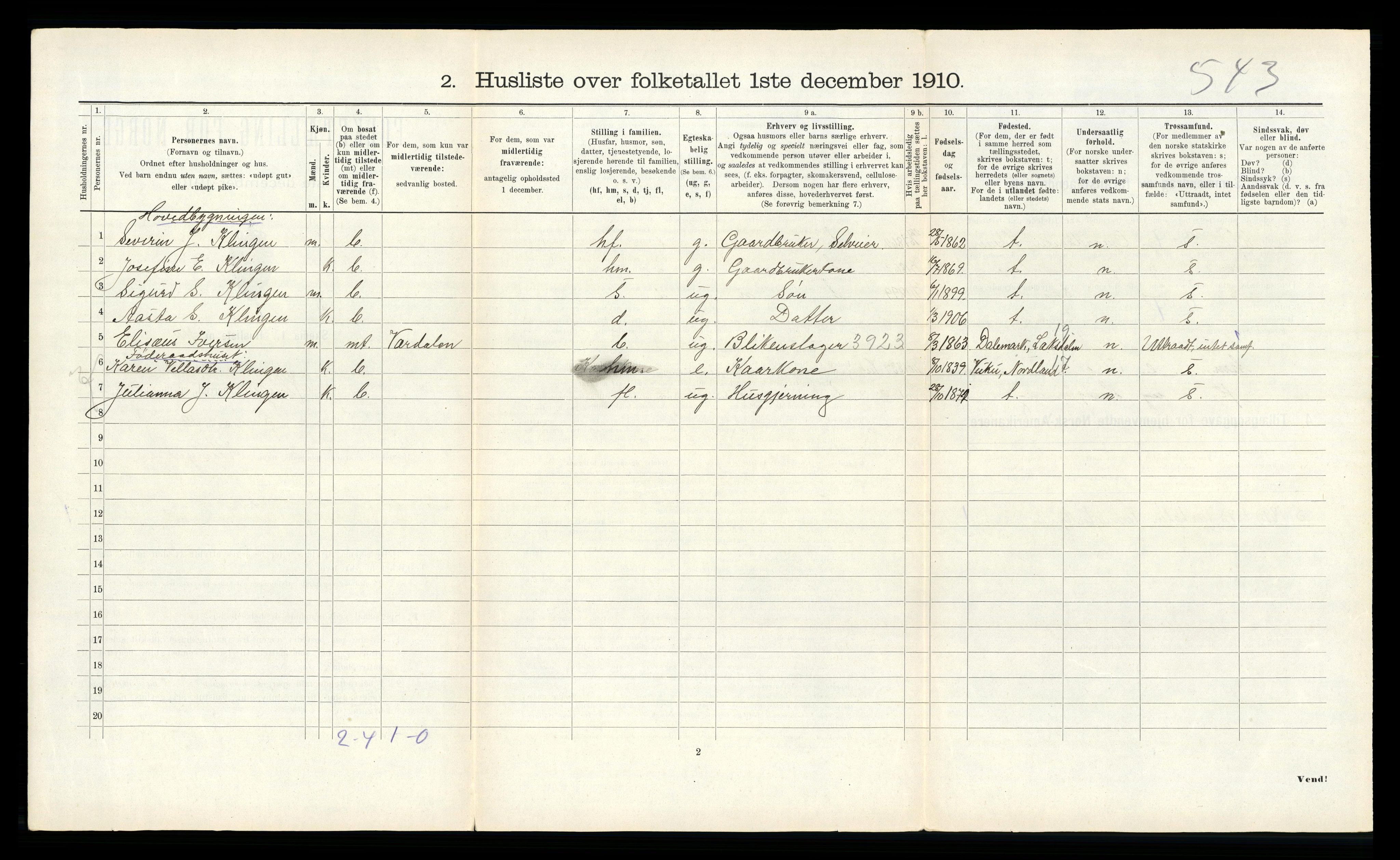 RA, 1910 census for Klinga, 1910, p. 252