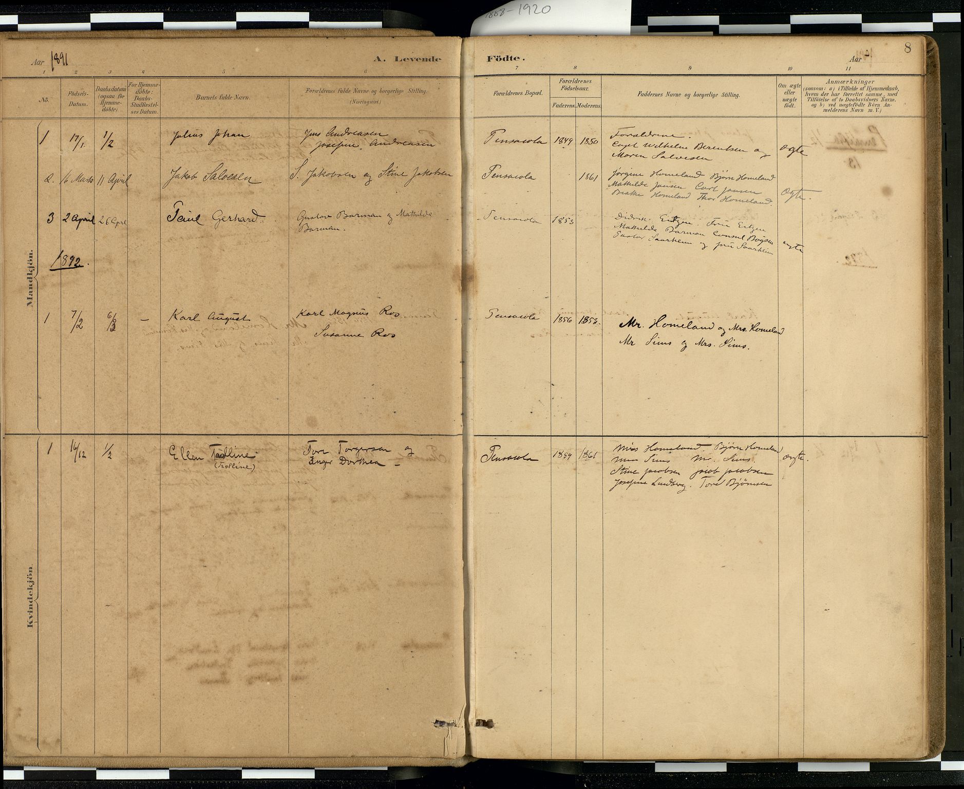 Den norske sjømannsmisjon i utlandet / Quebec (Canada) samt Pensacola--Savannah-Mobile-New Orleans-Gulfport (Gulfhamnene i USA), AV/SAB-SAB/PA-0114/H/Ha/L0001: Parish register (official) no. A 1, 1887-1924, p. 7b-8a