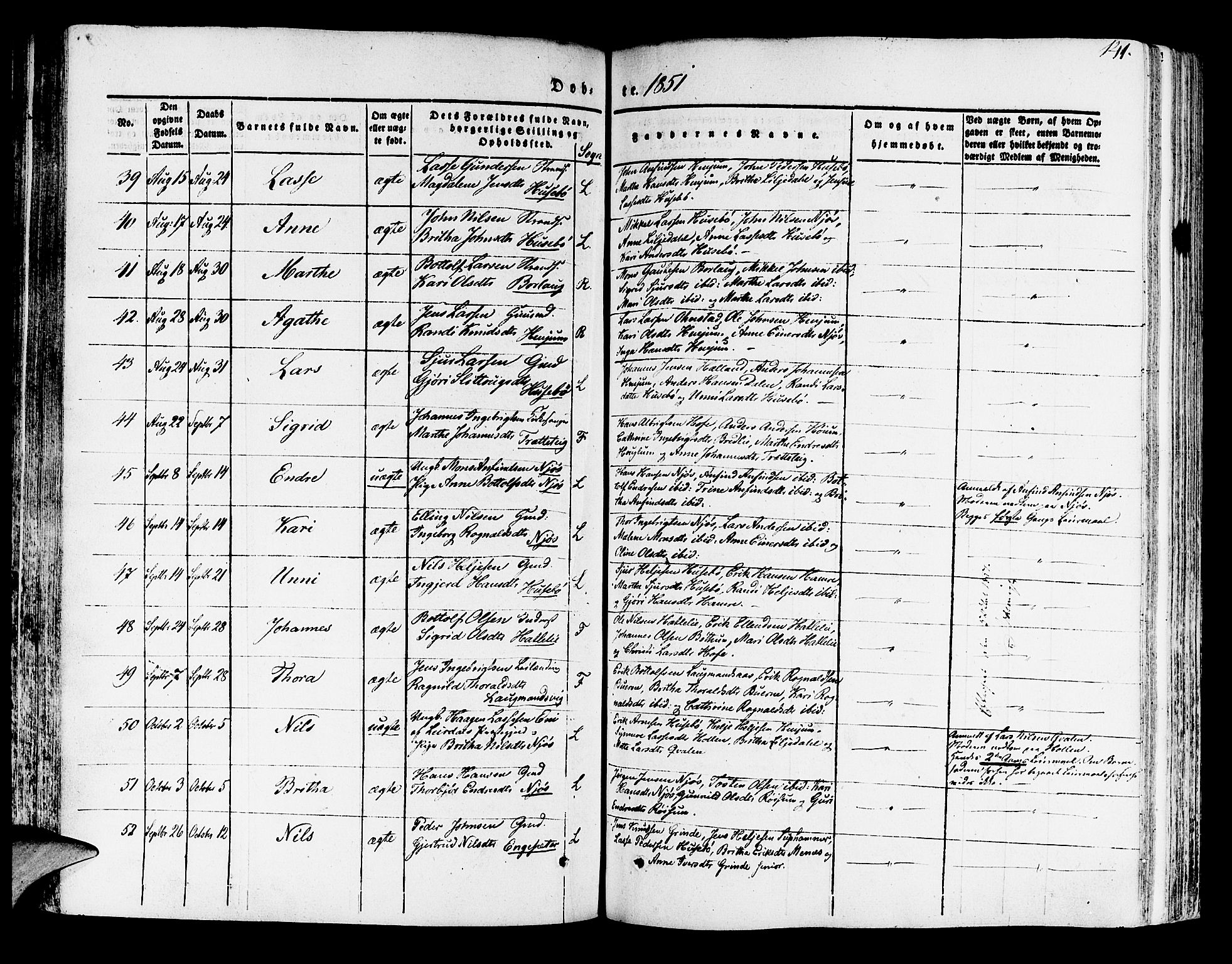 Leikanger sokneprestembete, AV/SAB-A-81001/H/Haa/Haaa/L0007: Parish register (official) no. A 7, 1838-1851, p. 141