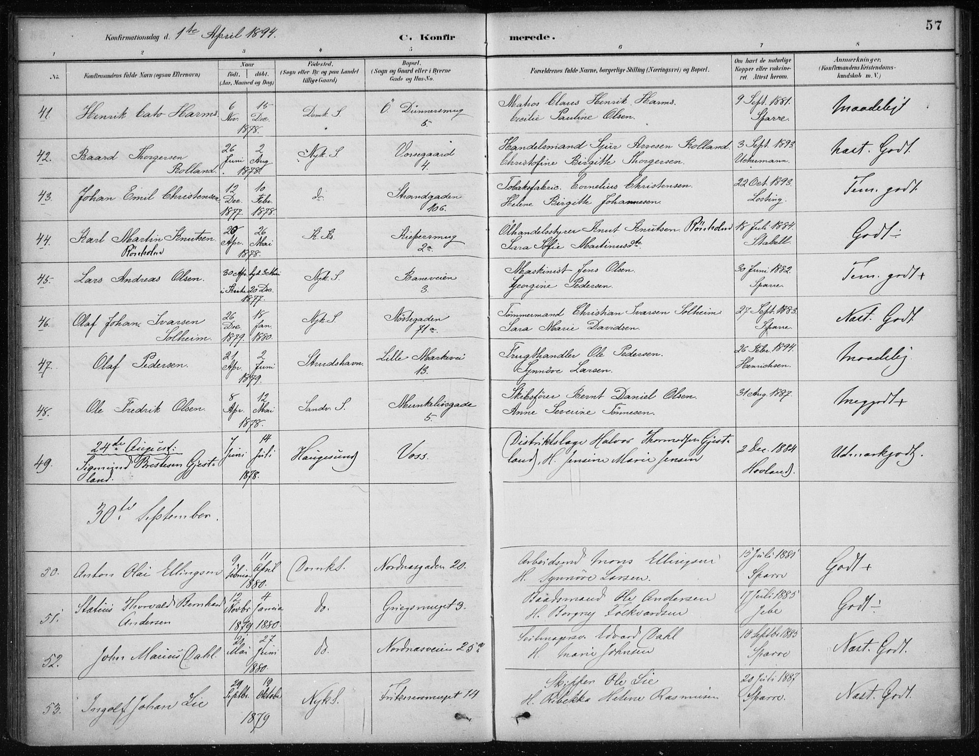Nykirken Sokneprestembete, AV/SAB-A-77101/H/Haa/L0027: Parish register (official) no. C 6, 1886-1913, p. 57