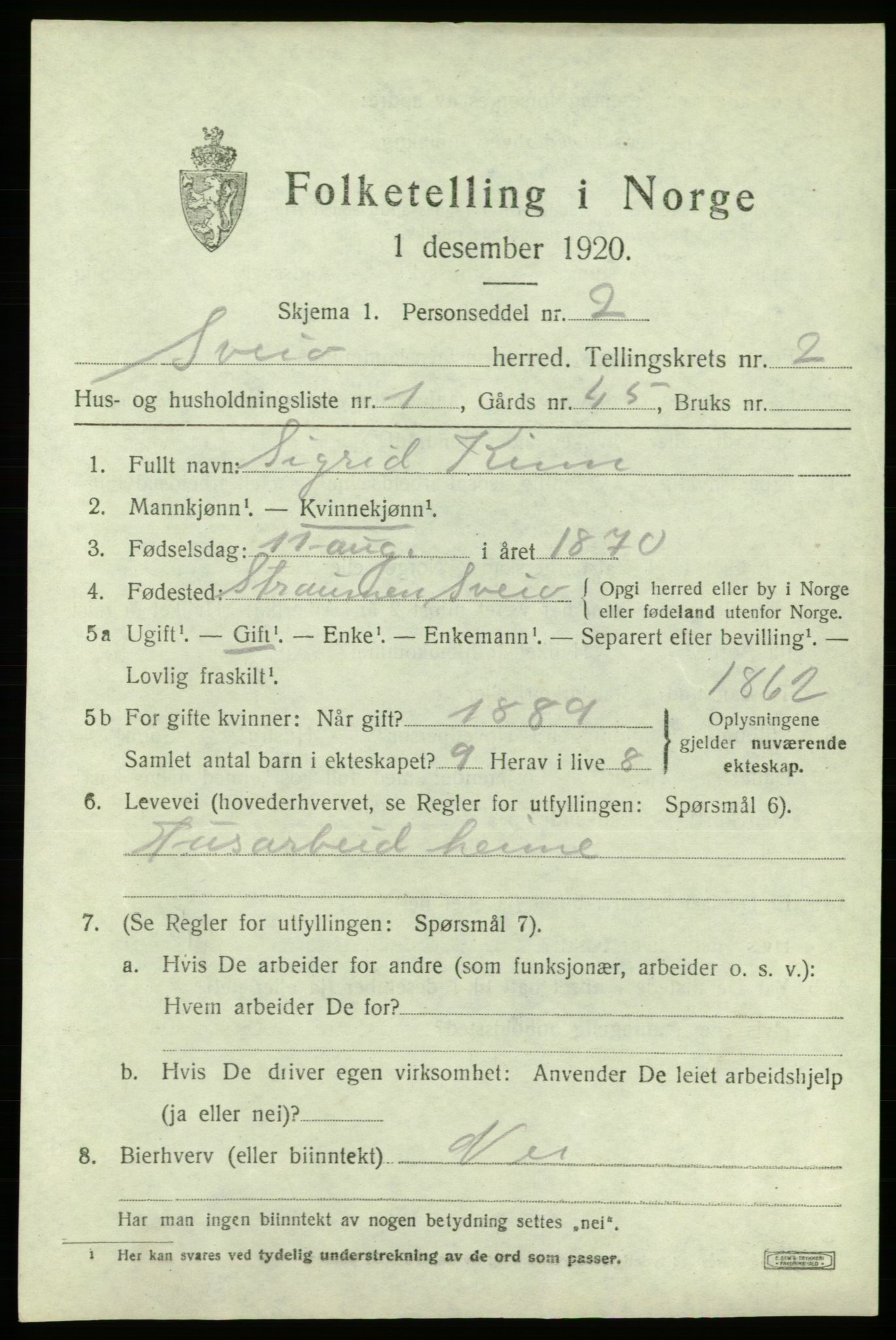 SAB, 1920 census for Sveio, 1920, p. 1308