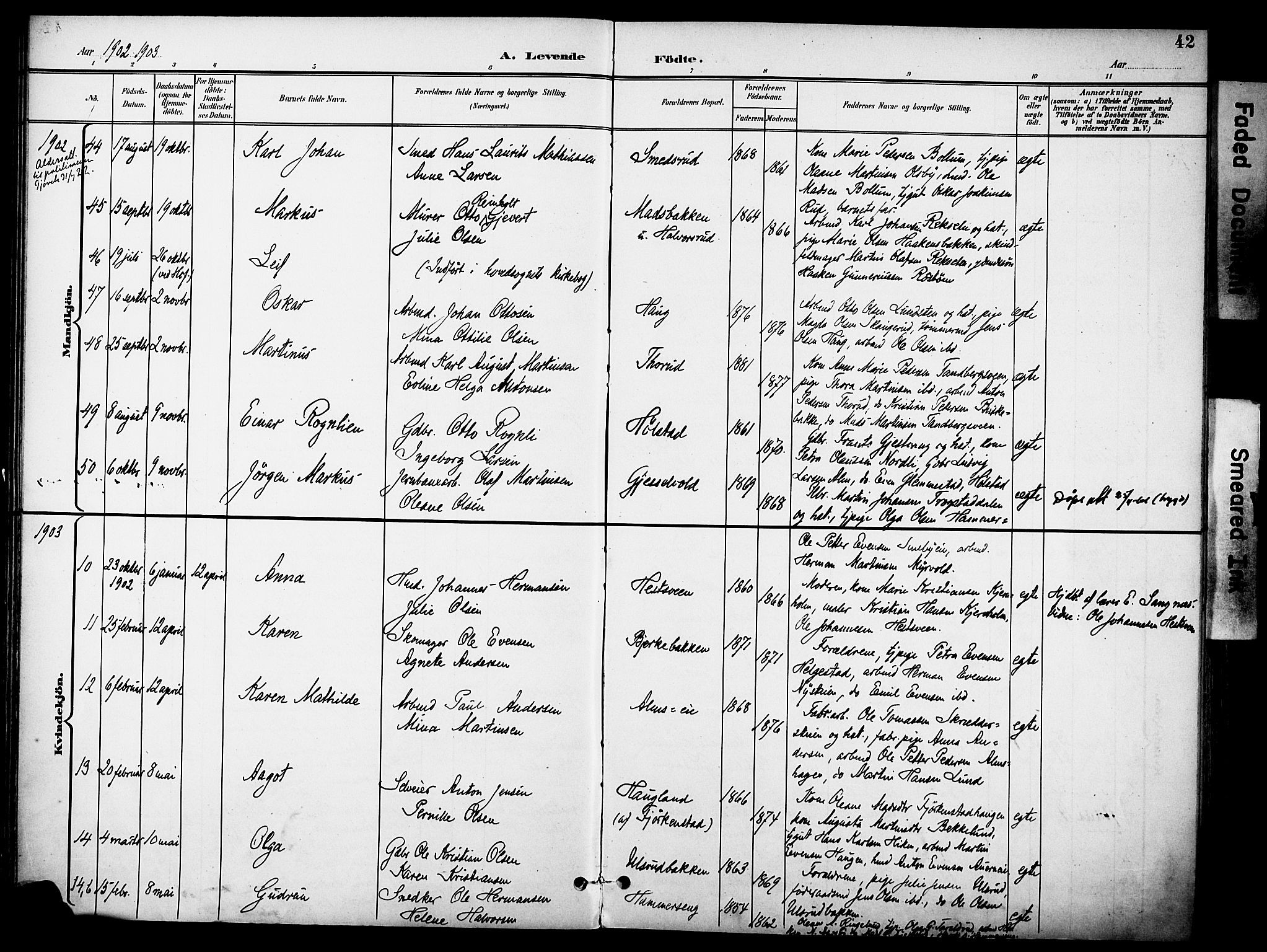 Østre Toten prestekontor, AV/SAH-PREST-104/H/Ha/Haa/L0009: Parish register (official) no. 9, 1897-1913, p. 42