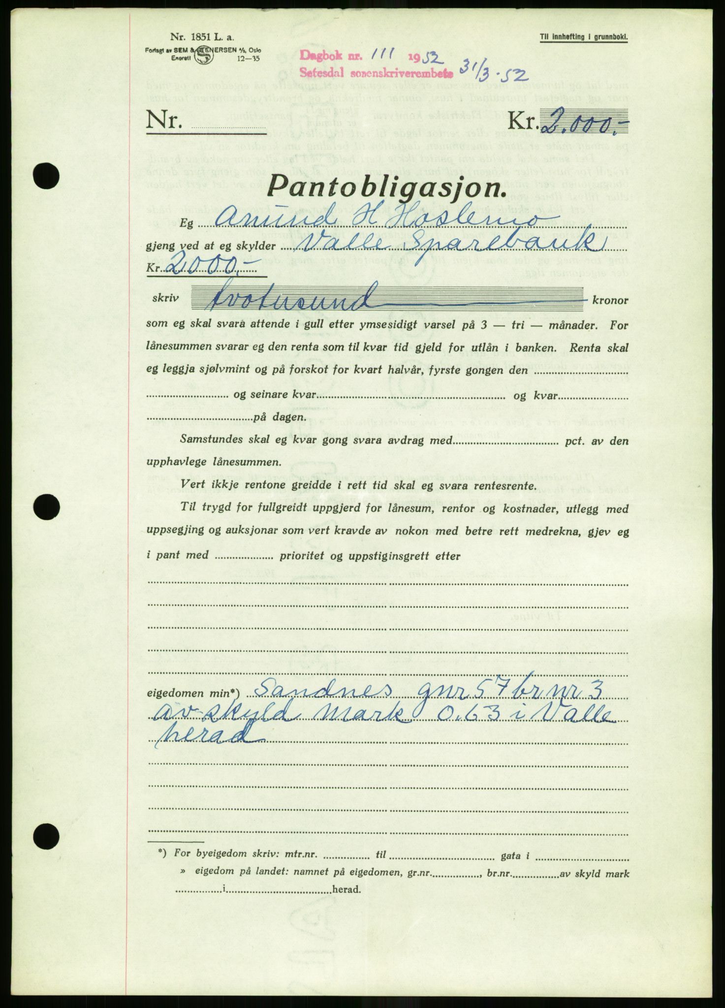 Setesdal sorenskriveri, SAK/1221-0011/G/Gb/L0050: Mortgage book no. B 38, 1949-1952, Diary no: : 111/1952