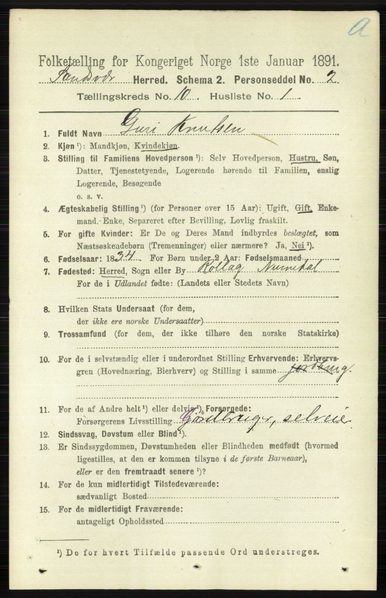 RA, 1891 census for 0629 Sandsvær, 1891, p. 4924