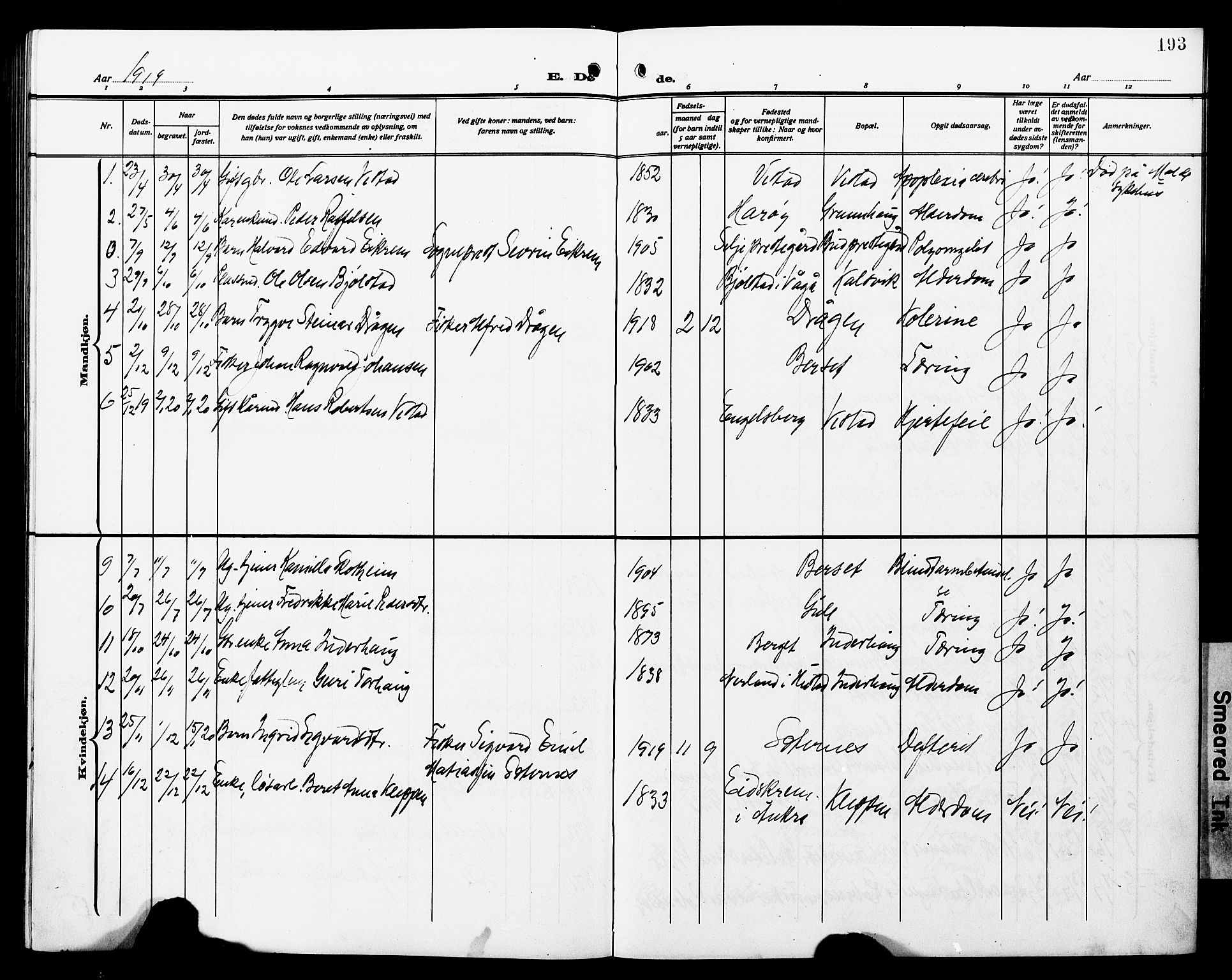 Ministerialprotokoller, klokkerbøker og fødselsregistre - Møre og Romsdal, SAT/A-1454/566/L0774: Parish register (copy) no. 566C03, 1910-1929, p. 193
