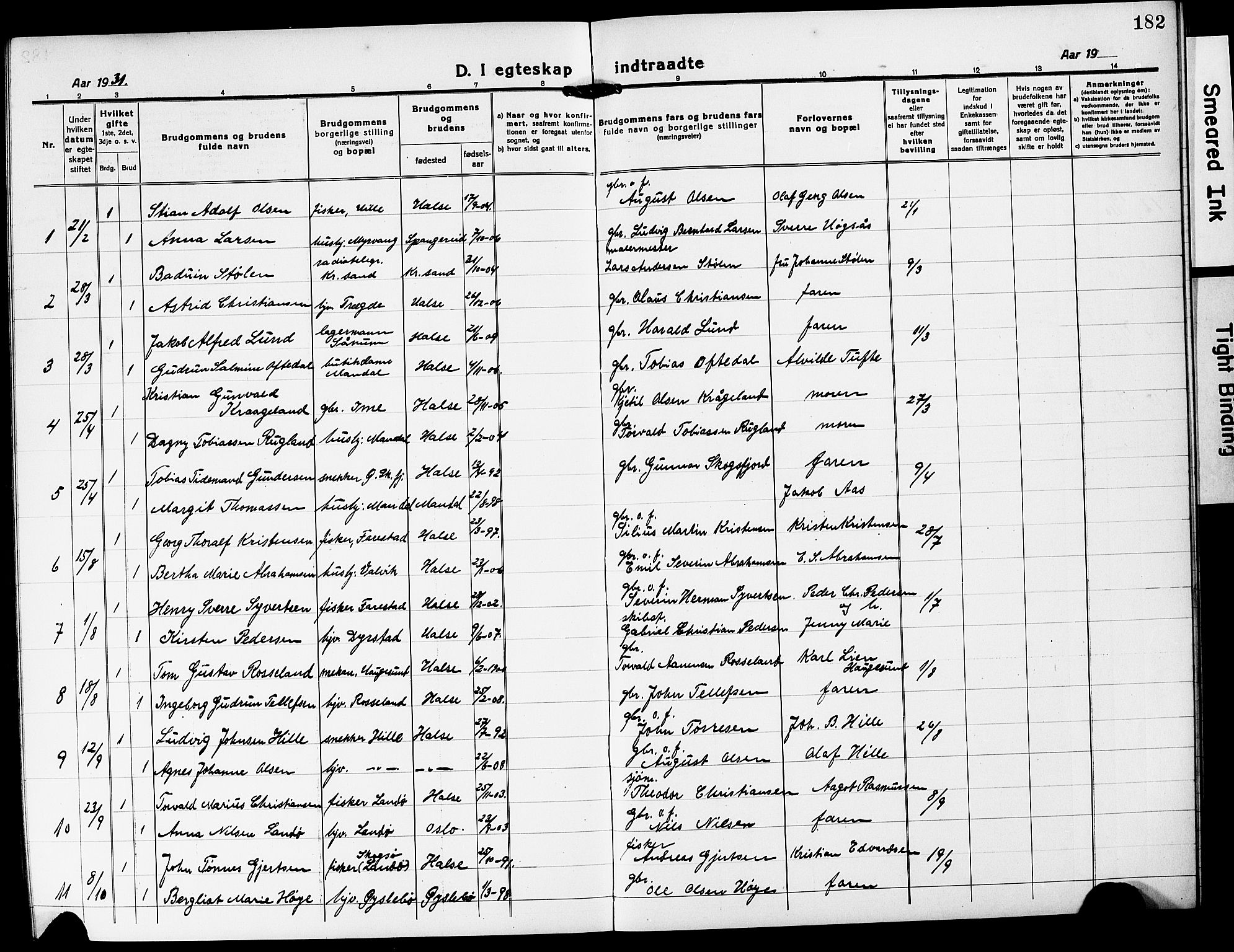 Mandal sokneprestkontor, AV/SAK-1111-0030/F/Fb/Fba/L0013: Parish register (copy) no. B 7, 1918-1931, p. 182