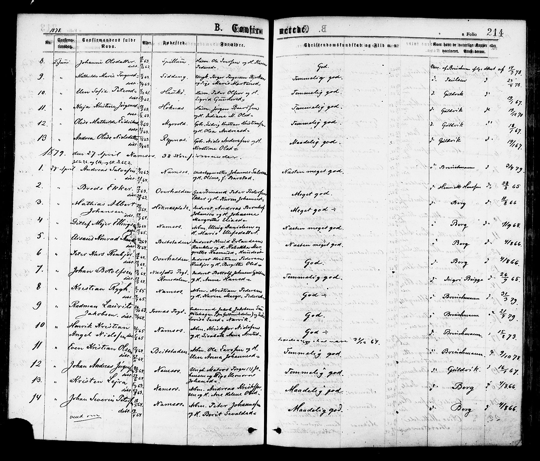 Ministerialprotokoller, klokkerbøker og fødselsregistre - Nord-Trøndelag, AV/SAT-A-1458/768/L0572: Parish register (official) no. 768A07, 1874-1886, p. 214