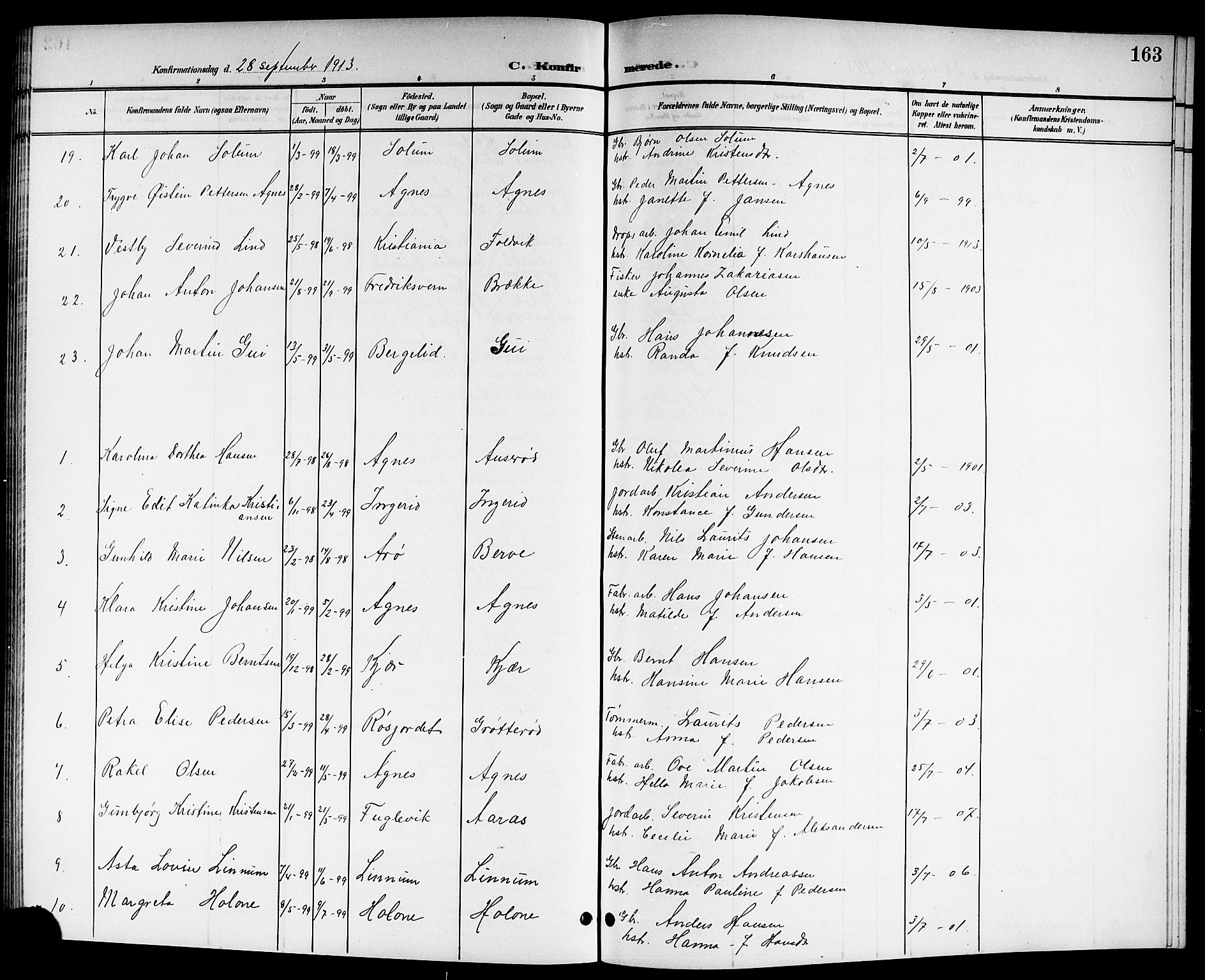 Brunlanes kirkebøker, SAKO/A-342/G/Ga/L0004: Parish register (copy) no. I 4, 1898-1921, p. 163
