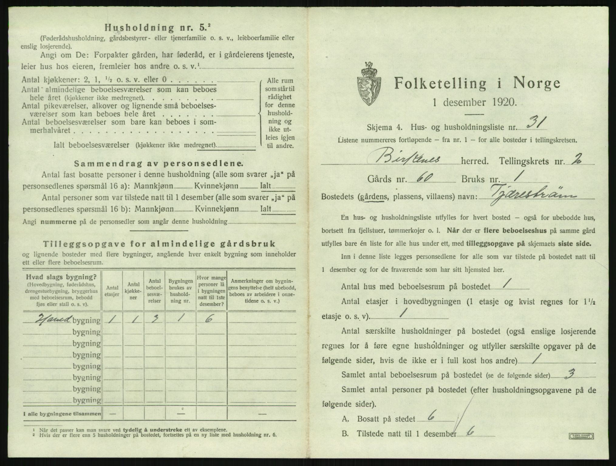 SAK, 1920 census for Birkenes, 1920, p. 149