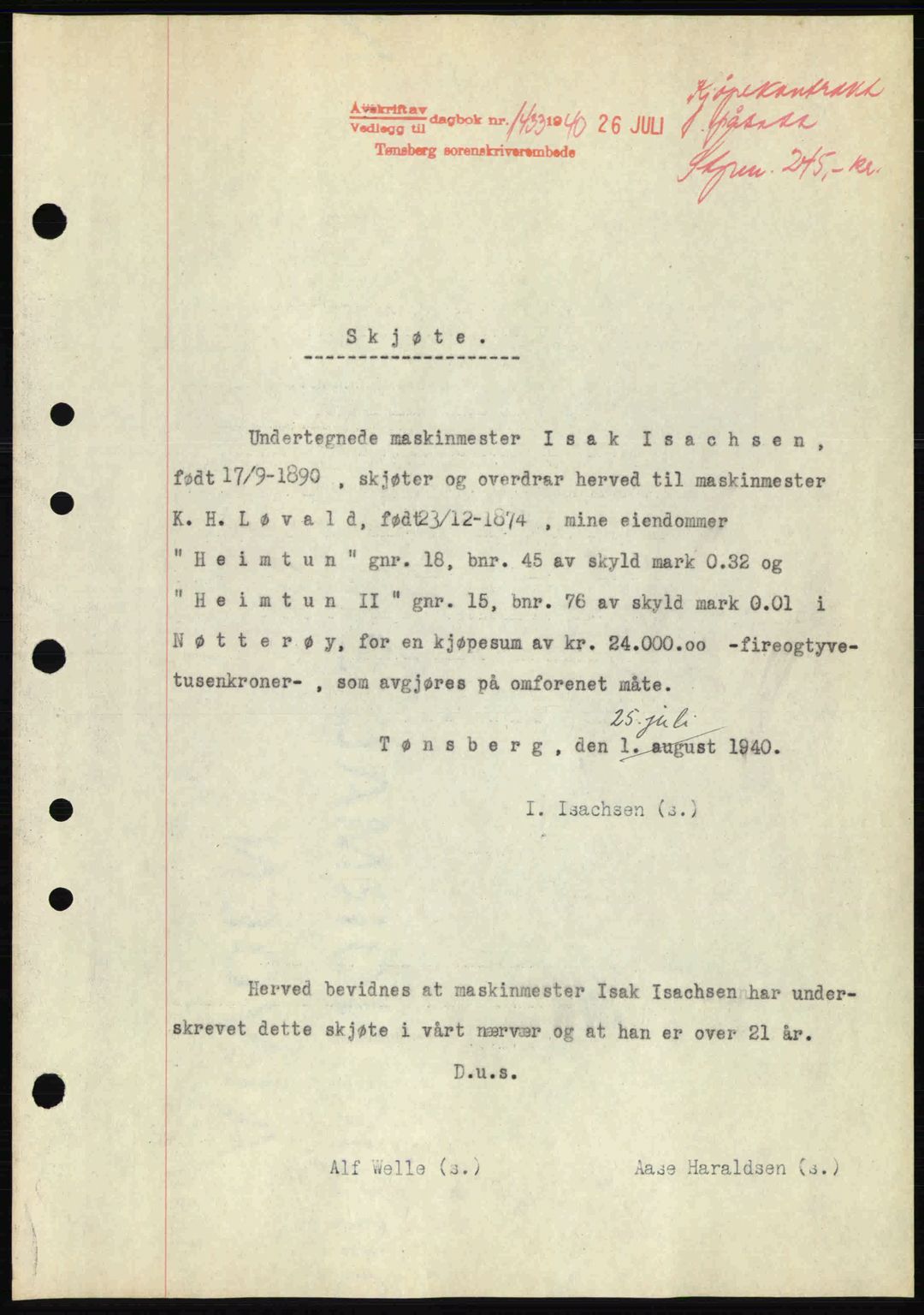 Tønsberg sorenskriveri, AV/SAKO-A-130/G/Ga/Gaa/L0009: Mortgage book no. A9, 1940-1941, Diary no: : 1433/1940