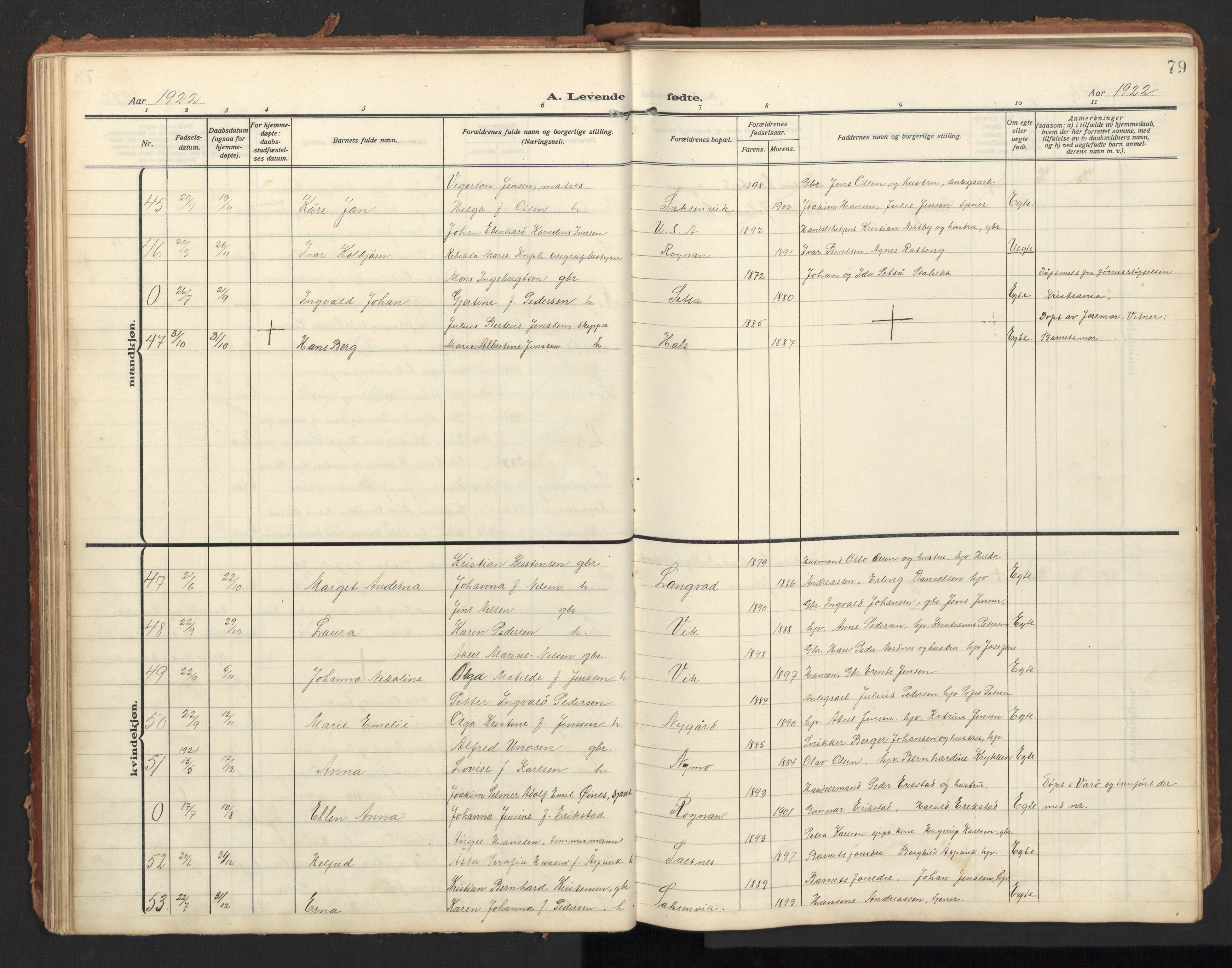 Ministerialprotokoller, klokkerbøker og fødselsregistre - Nordland, AV/SAT-A-1459/847/L0683: Parish register (copy) no. 847C11, 1908-1929, p. 79