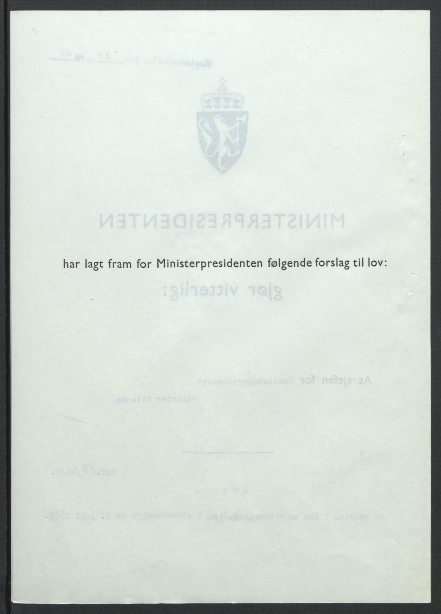 NS-administrasjonen 1940-1945 (Statsrådsekretariatet, de kommisariske statsråder mm), AV/RA-S-4279/D/Db/L0101/0001: -- / Lover og vedtak, 1945, p. 54