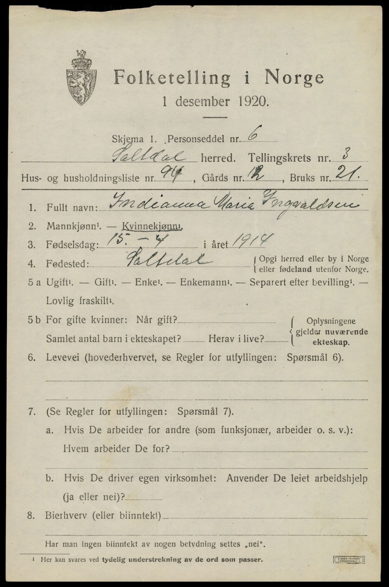 SAT, 1920 census for Saltdal, 1920, p. 5617