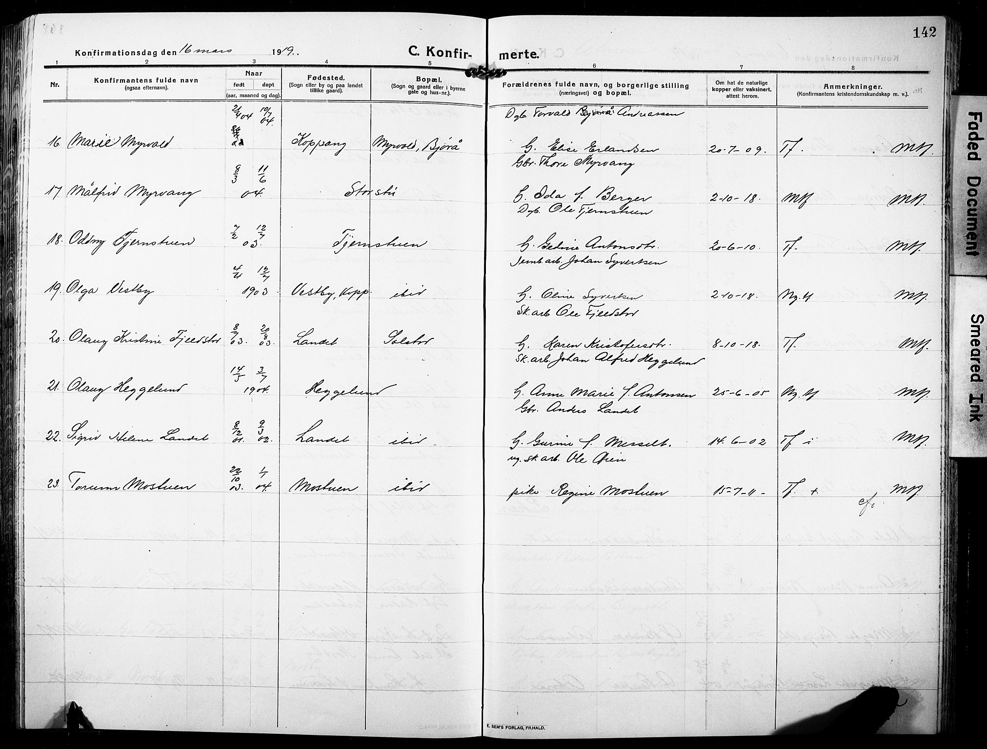 Stor-Elvdal prestekontor, SAH/PREST-052/H/Ha/Hab/L0005: Parish register (copy) no. 5, 1913-1932, p. 142