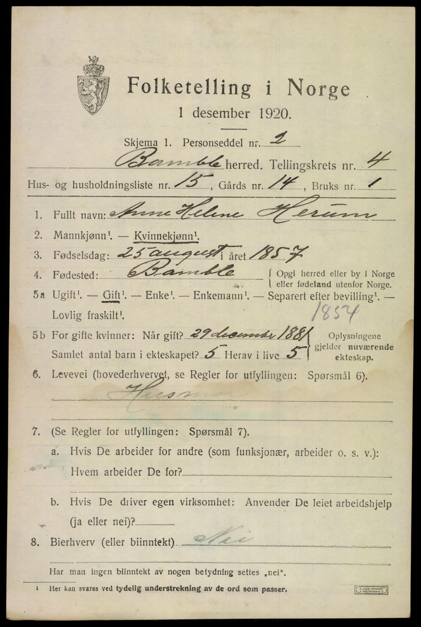 SAKO, 1920 census for Bamble, 1920, p. 4593