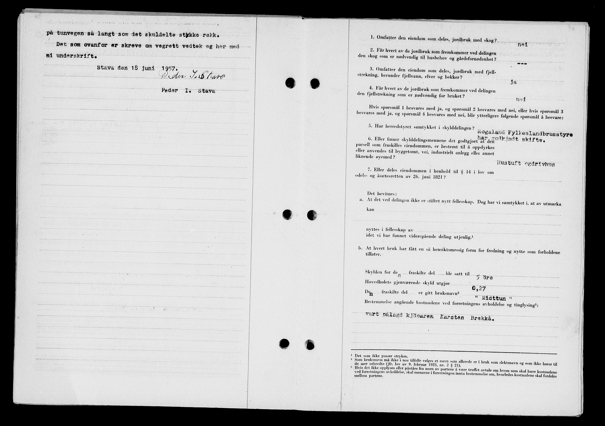 Karmsund sorenskriveri, SAST/A-100311/01/II/IIB/L0125: Mortgage book no. 105A, 1957-1957, Diary no: : 2071/1957