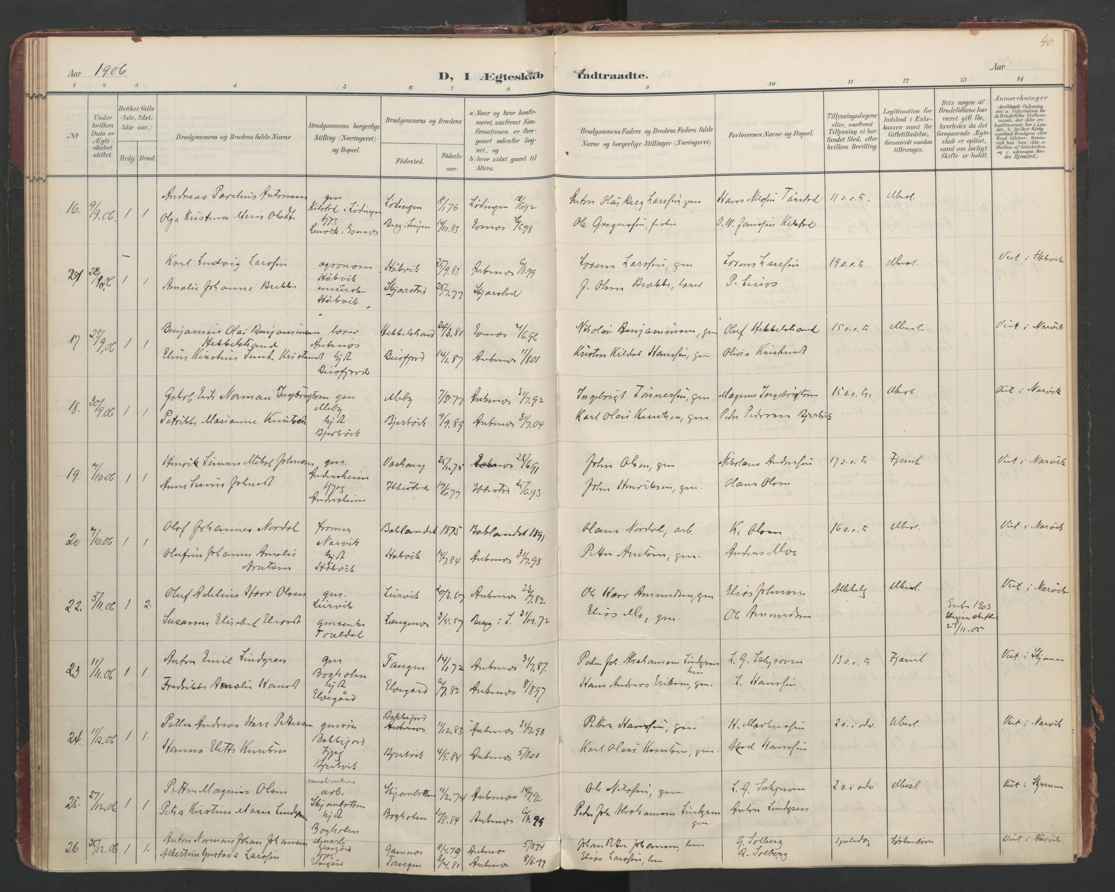 Ministerialprotokoller, klokkerbøker og fødselsregistre - Nordland, SAT/A-1459/866/L0942: Parish register (official) no. 866A05, 1901-1928, p. 40