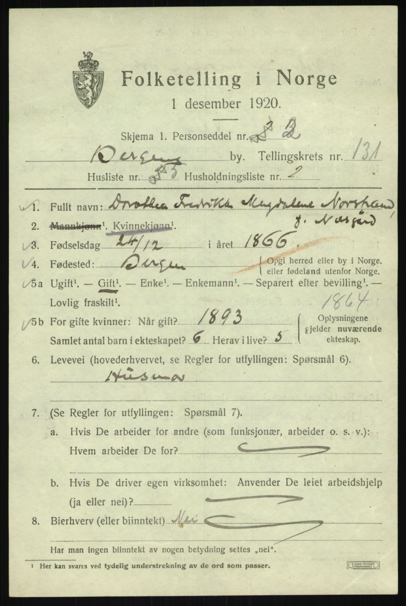 SAB, 1920 census for Bergen, 1920, p. 220974