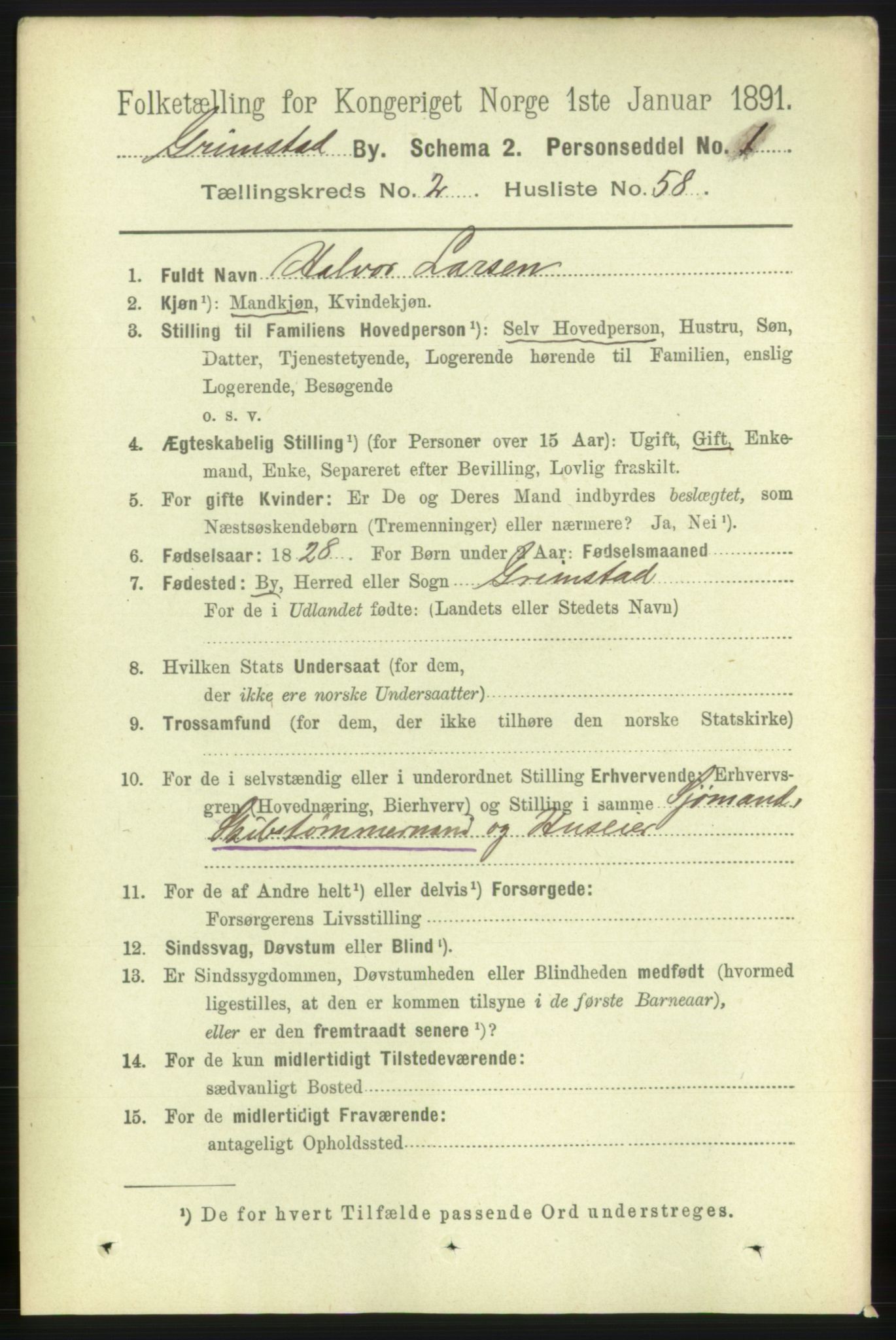 RA, 1891 census for 0904 Grimstad, 1891, p. 1901