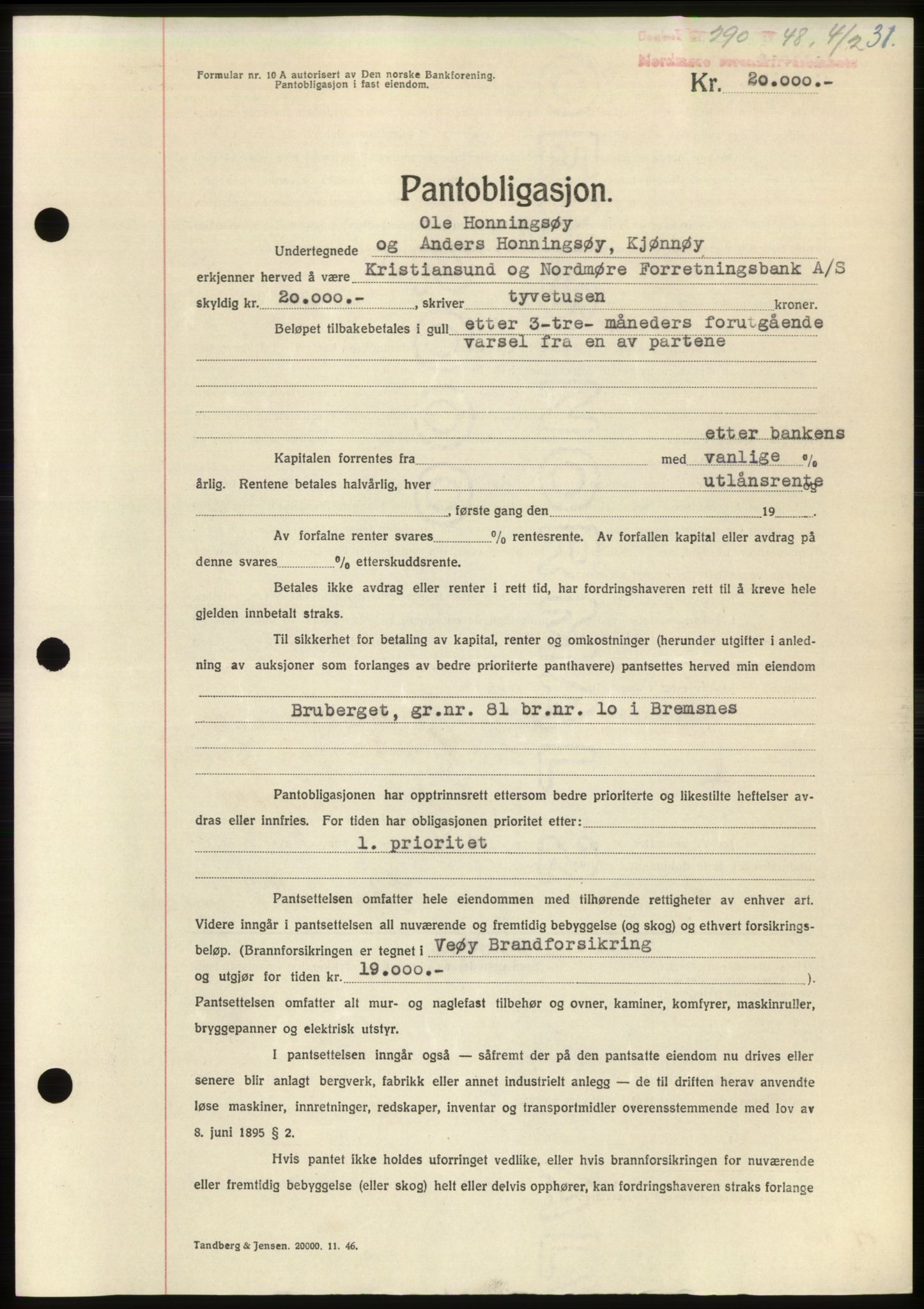 Nordmøre sorenskriveri, AV/SAT-A-4132/1/2/2Ca: Mortgage book no. B98, 1948-1948, Diary no: : 290/1948