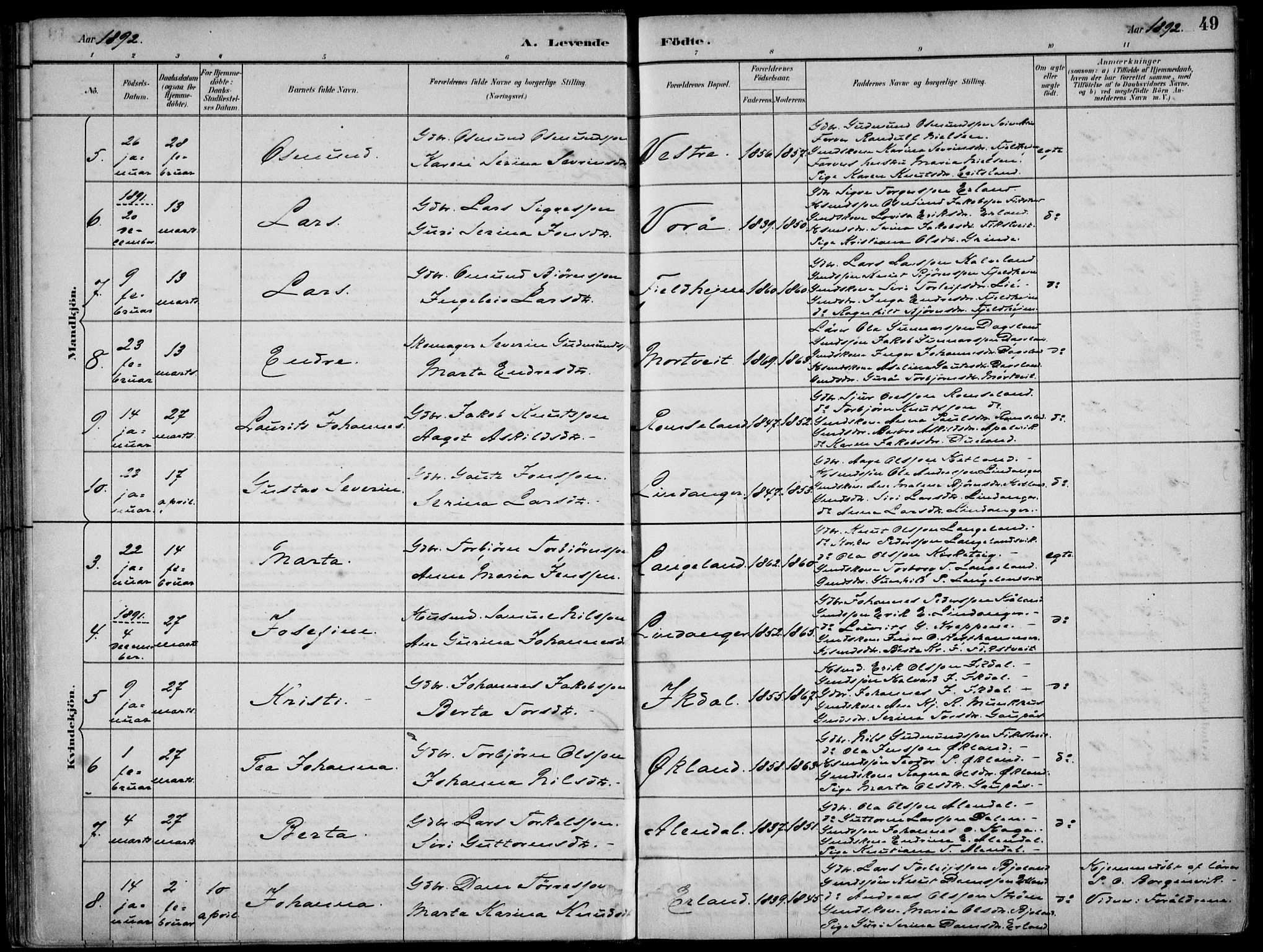 Skjold sokneprestkontor, AV/SAST-A-101847/H/Ha/Haa/L0010: Parish register (official) no. A 10, 1882-1897, p. 49