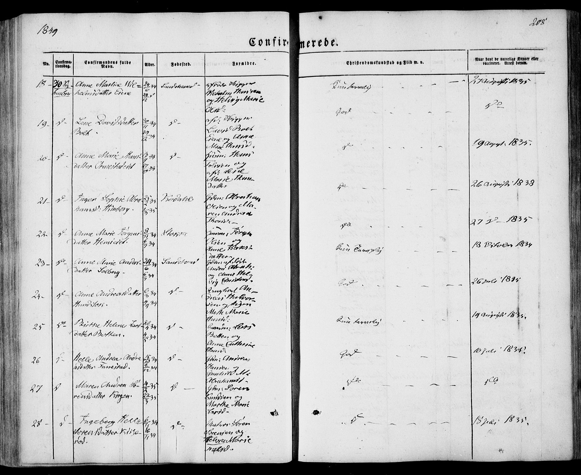 Sandar kirkebøker, SAKO/A-243/F/Fa/L0006: Parish register (official) no. 6, 1847-1860, p. 208