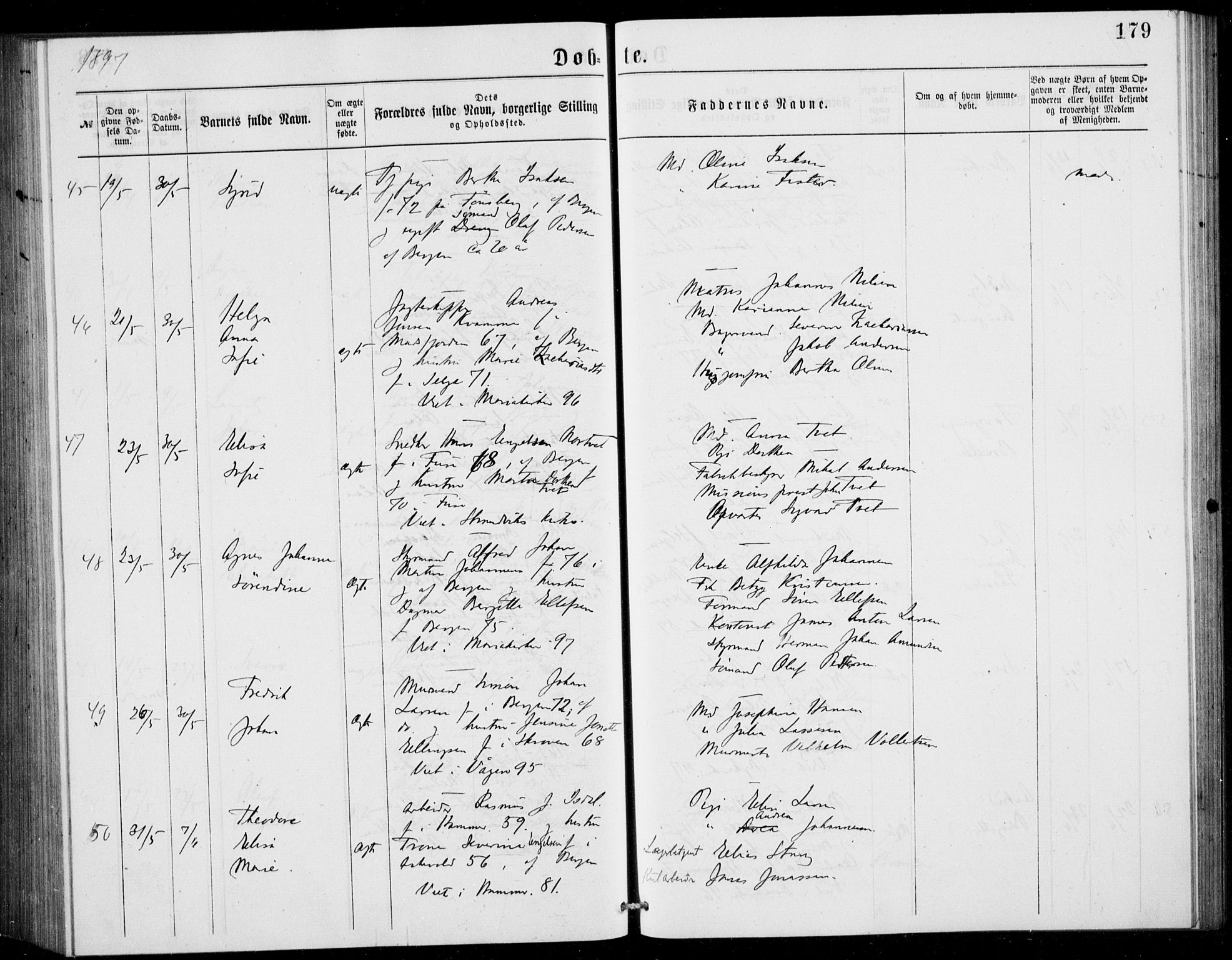 Fødselsstiftelsens sokneprestembete, ført av overlegen*, SAB/-: Parish register (official) no. A 2, 1884-1900, p. 179