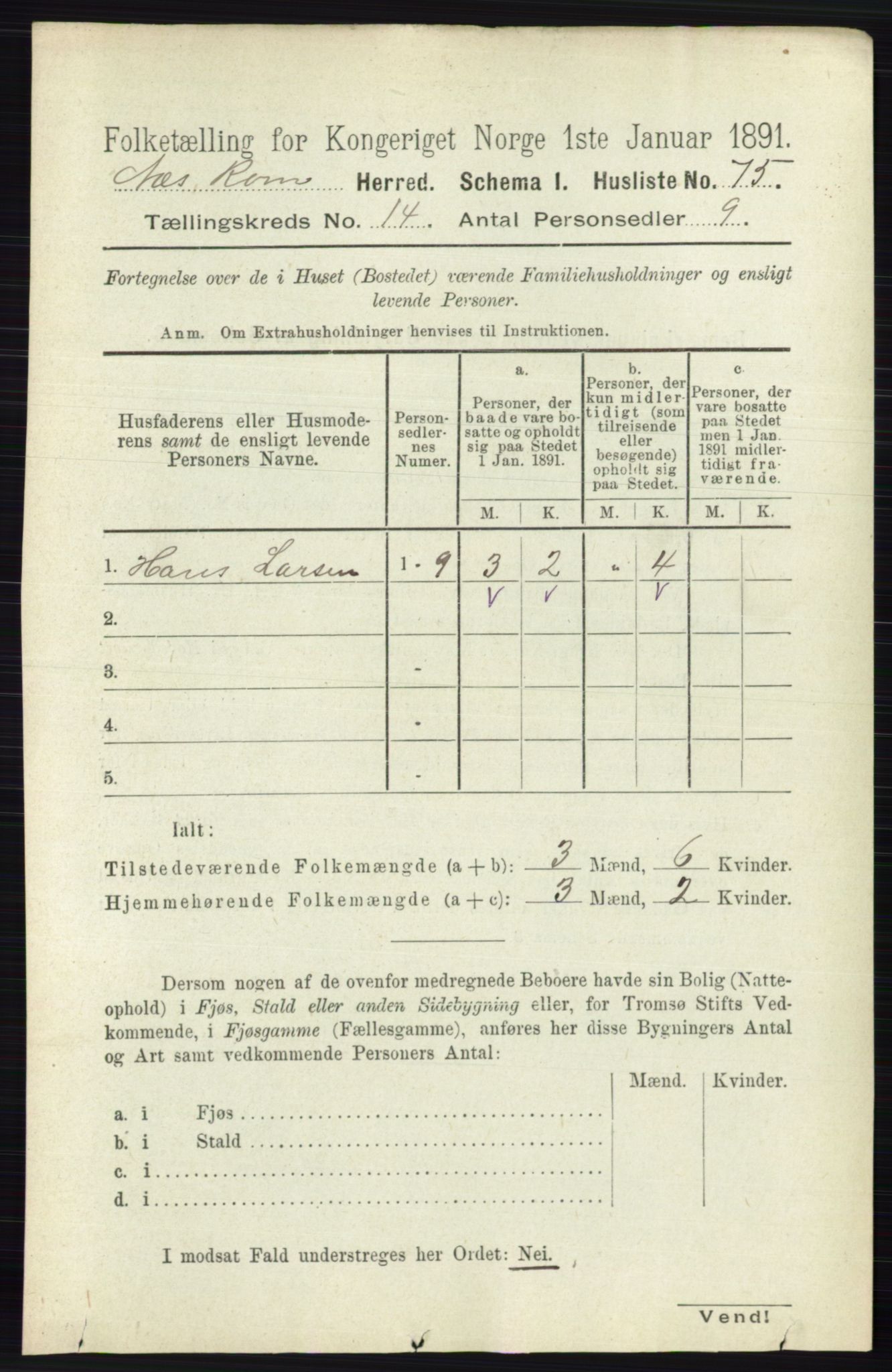 RA, 1891 census for 0236 Nes, 1891, p. 8496