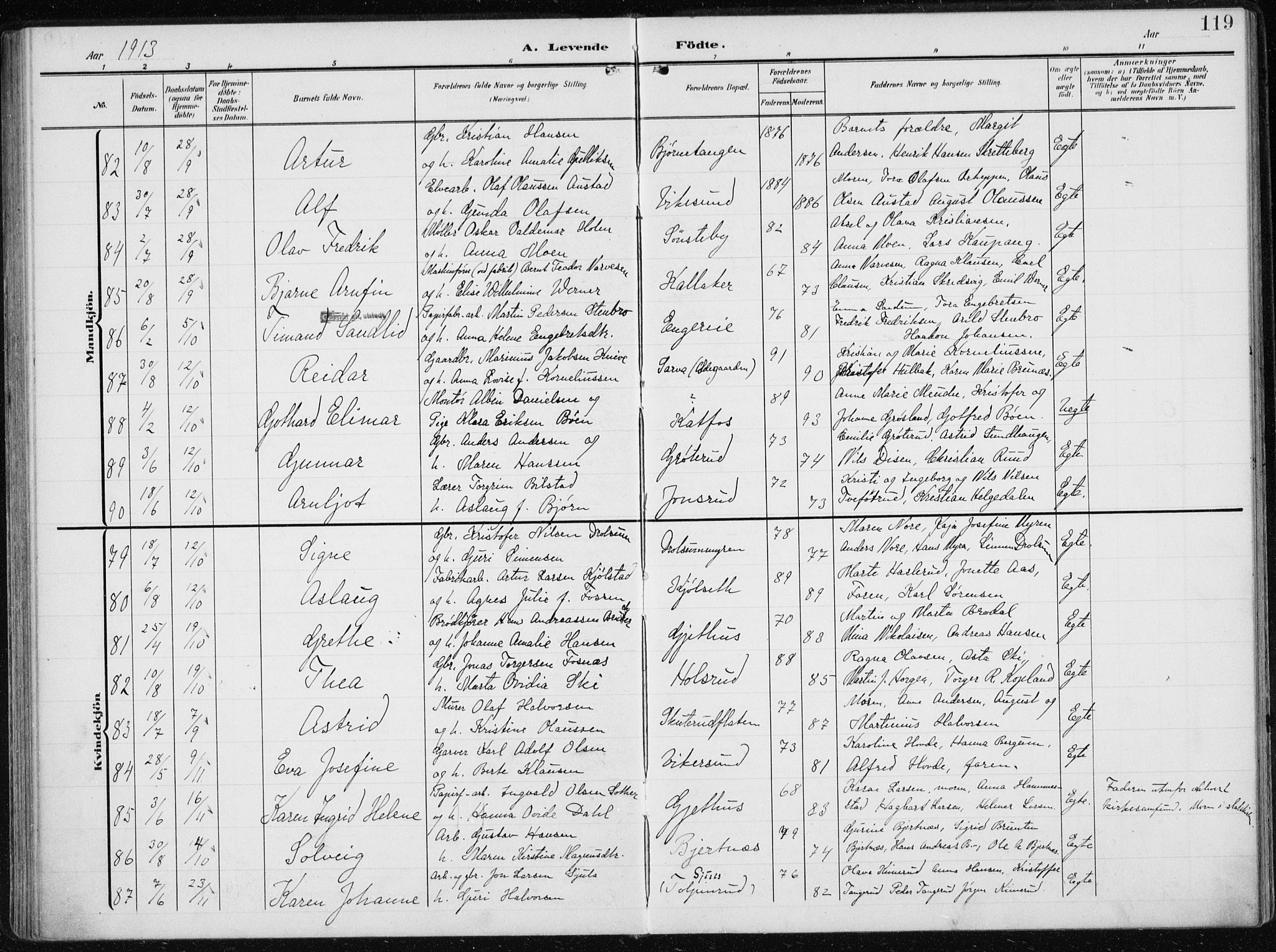 Modum kirkebøker, AV/SAKO-A-234/F/Fa/L0014a: Parish register (official) no. 14A, 1906-1918, p. 119