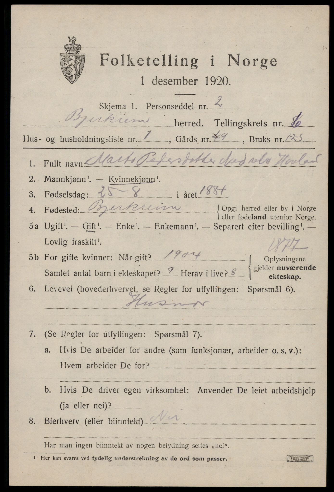 SAST, 1920 census for Bjerkreim, 1920, p. 2126