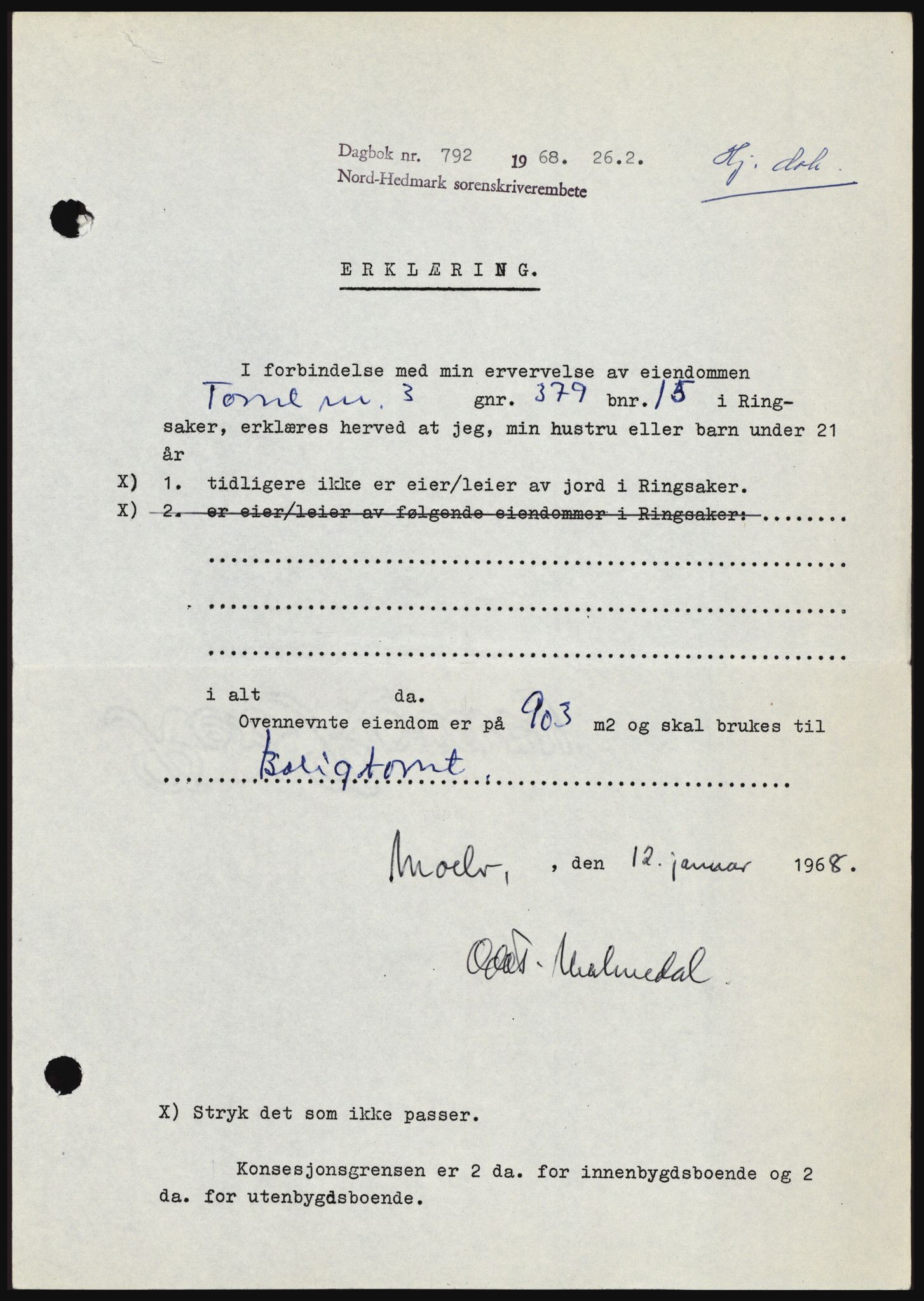 Nord-Hedmark sorenskriveri, SAH/TING-012/H/Hc/L0027: Mortgage book no. 27, 1967-1968, Diary no: : 792/1968