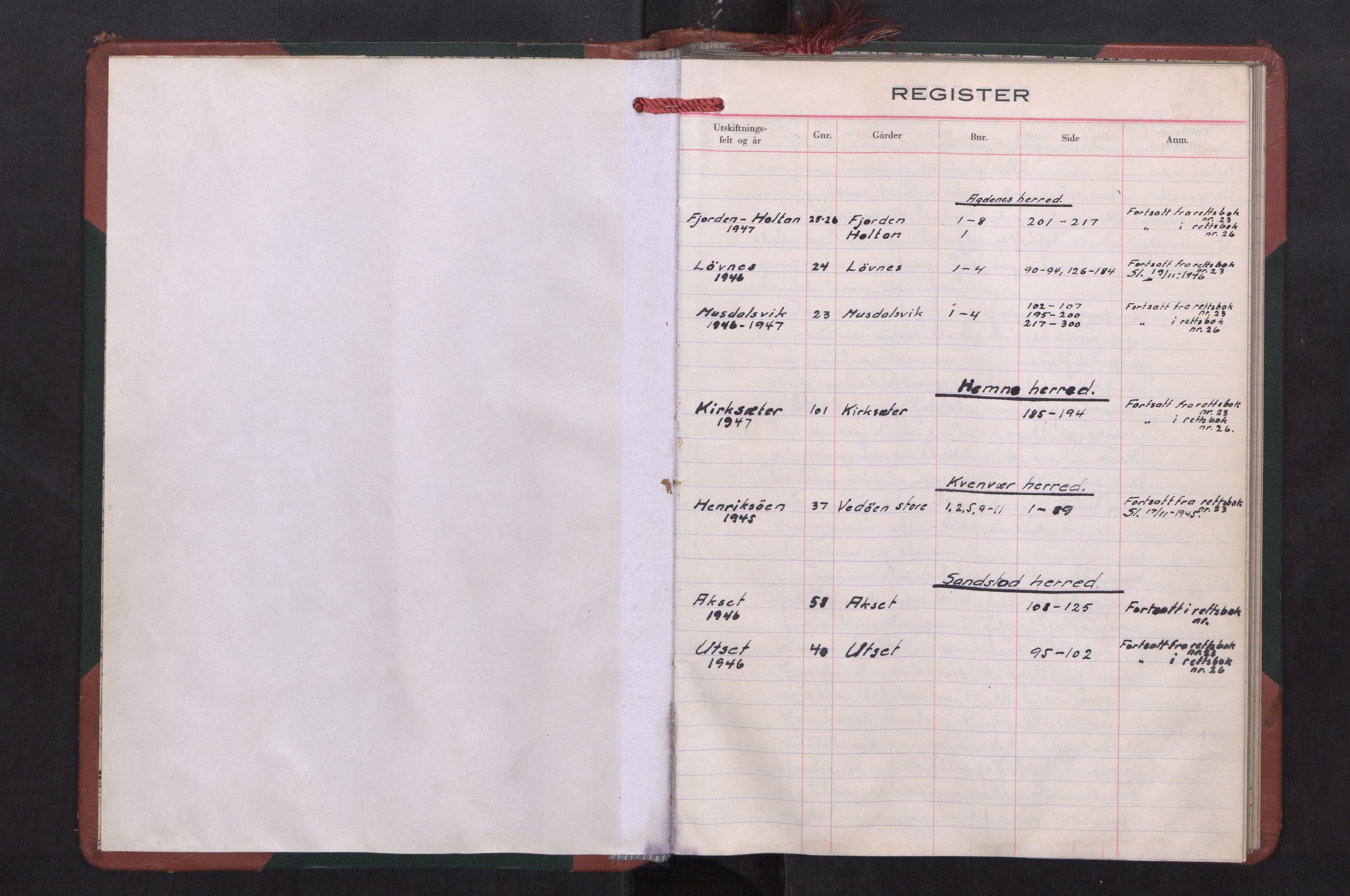 Sør-Trøndelag jordskifterett, AV/SAT-A-4522/1/F/L0109: Utskiftningsrettsbok 25, Hitra sorenskriveri, 1945-1947