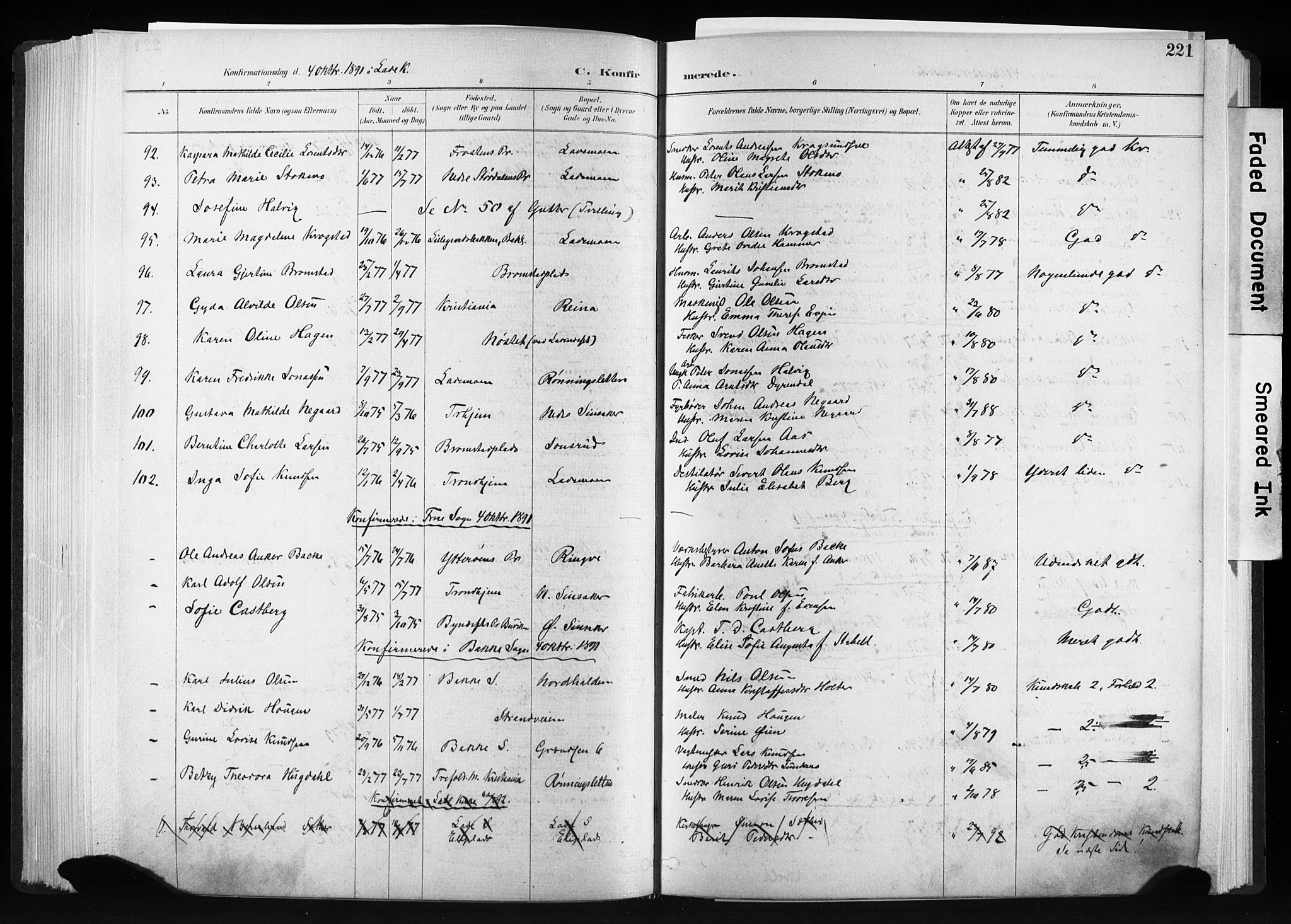 Ministerialprotokoller, klokkerbøker og fødselsregistre - Sør-Trøndelag, AV/SAT-A-1456/606/L0300: Parish register (official) no. 606A15, 1886-1893, p. 221