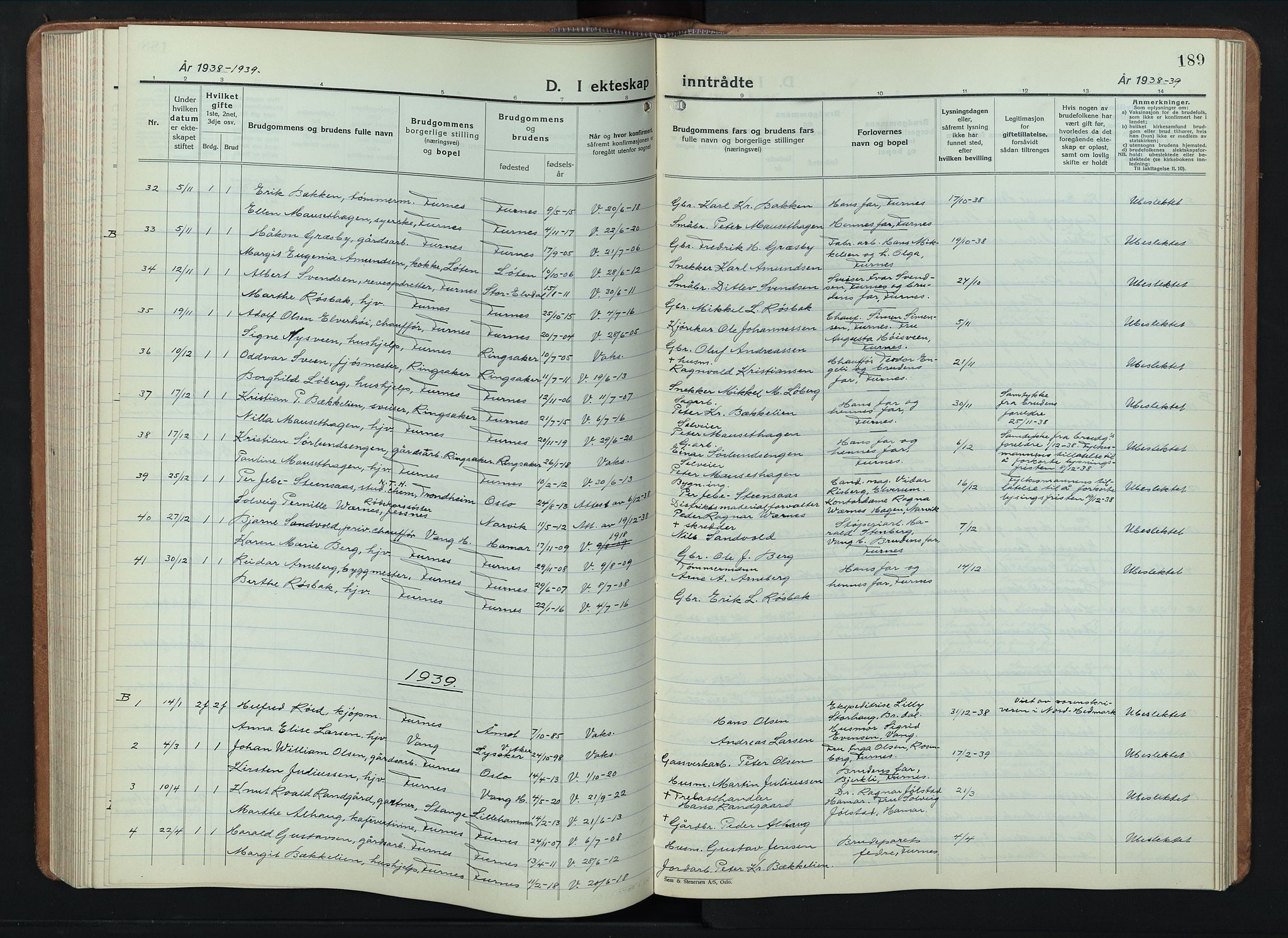 Furnes prestekontor, AV/SAH-PREST-012/L/La/L0002: Parish register (copy) no. 2, 1934-1956, p. 189