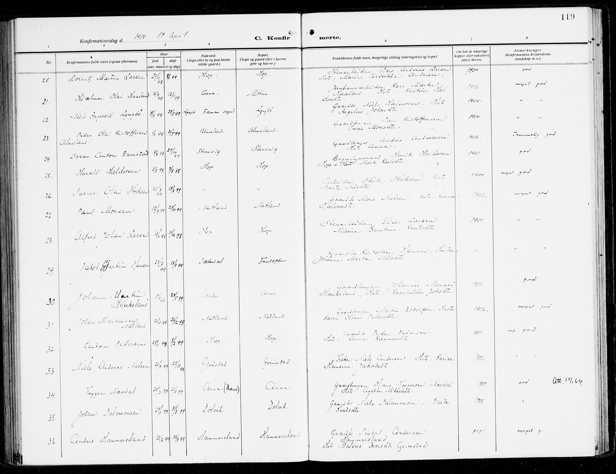 Fana Sokneprestembete, AV/SAB-A-75101/H/Haa/Haai/L0004: Parish register (official) no. I 4, 1912-1933, p. 119