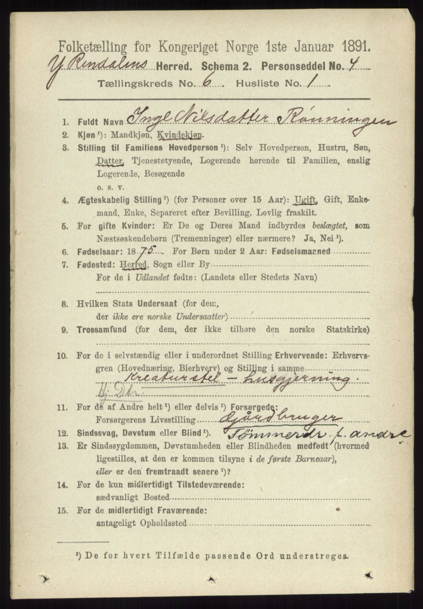 RA, 1891 census for 0432 Ytre Rendal, 1891, p. 1681