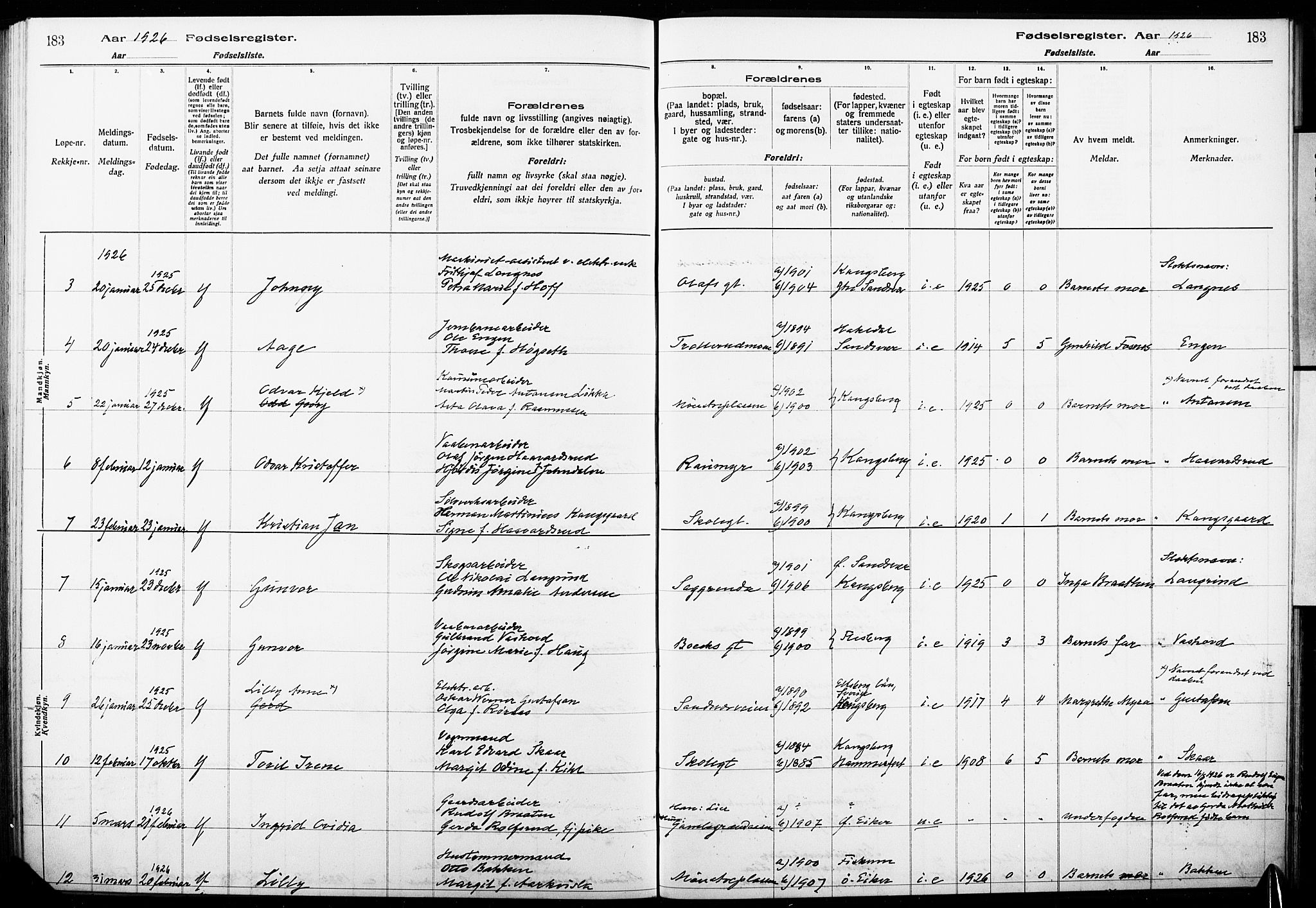 Kongsberg kirkebøker, AV/SAKO-A-22/J/Ja/L0001: Birth register no. I 1, 1916-1927, p. 183