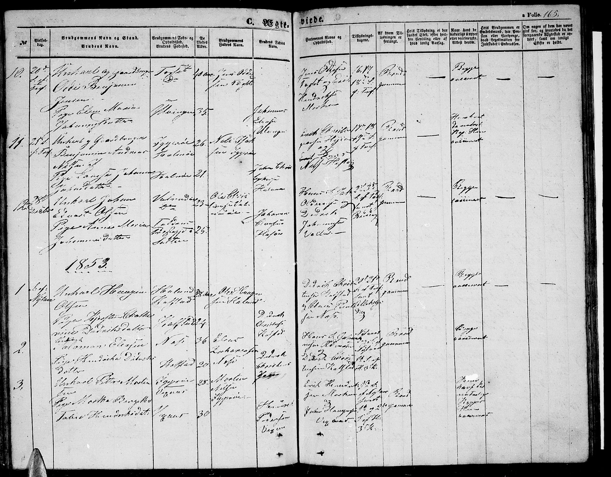 Ministerialprotokoller, klokkerbøker og fødselsregistre - Nordland, SAT/A-1459/816/L0251: Parish register (copy) no. 816C01, 1852-1870, p. 165