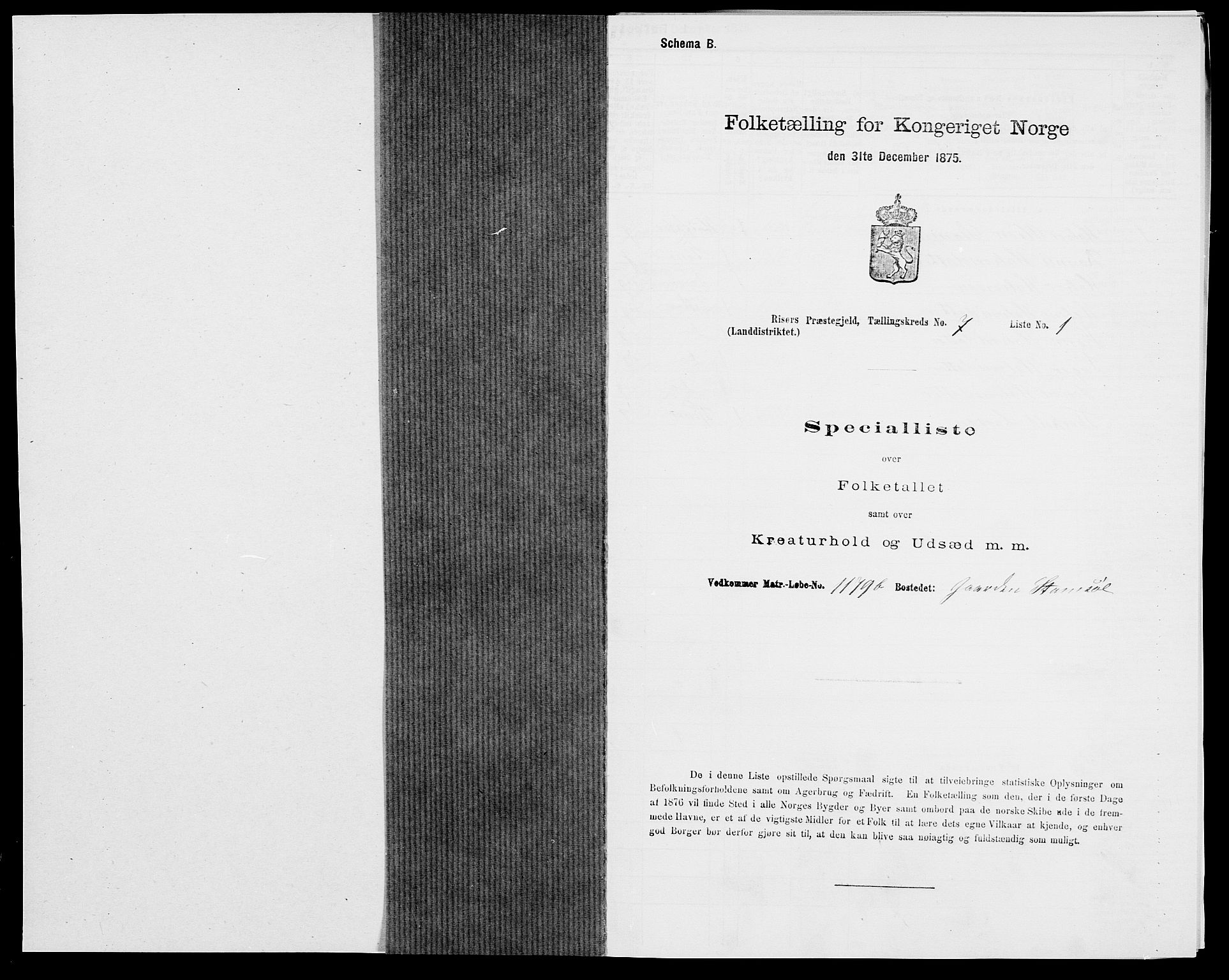SAK, 1875 census for 0913L Risør/Søndeled, 1875, p. 1036