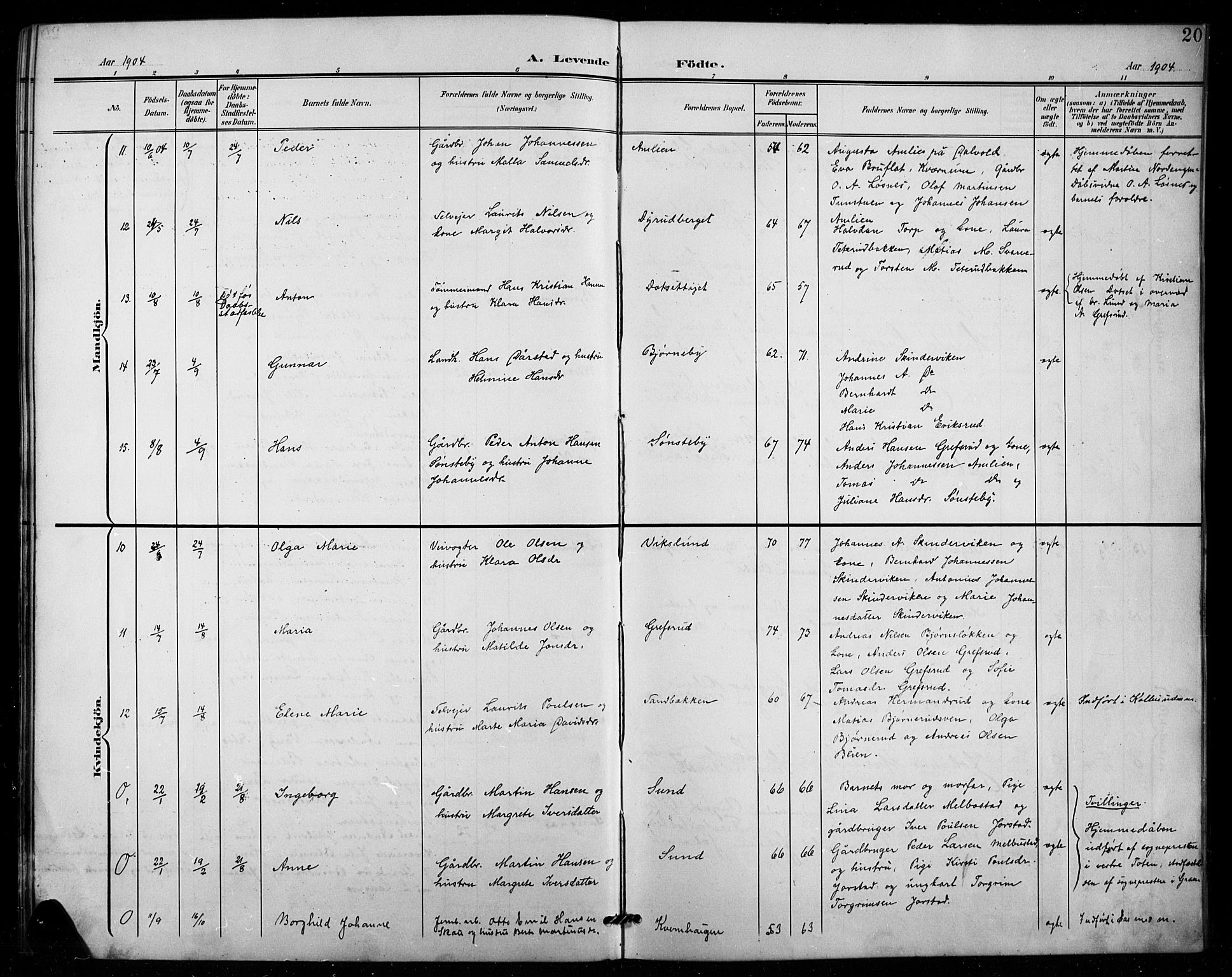 Vestre Toten prestekontor, SAH/PREST-108/H/Ha/Hab/L0016: Parish register (copy) no. 16, 1901-1915, p. 20